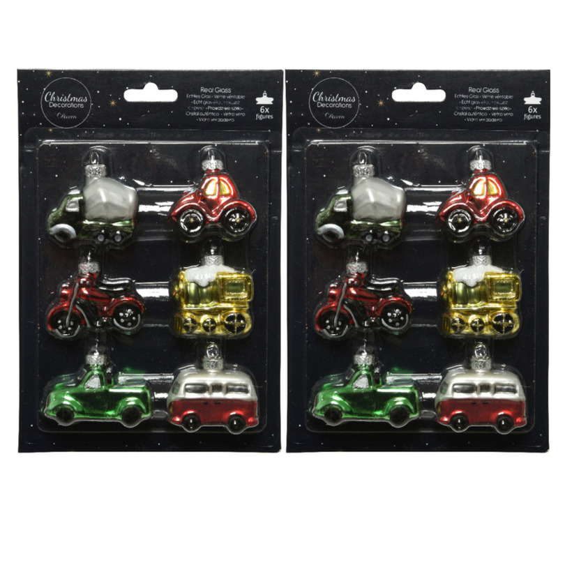 12x stuks glazen kersthangers voertuigen thema 4,9 cm kerstornamenten -