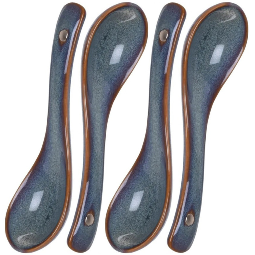 12x Stuks soeplepels blauw 14 cm van aardewerk - Soeplepels - Amuselepels