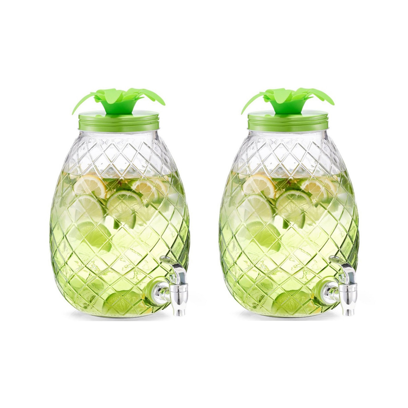 2x Groene glazen drank dispensers ananas 4,5 liter - Zeller - Keukenbenodigdheden - Zomers/tropisch tuinfeest decoratie - Dranken serveren - Drankdispensers - Dispensers voor o.a.