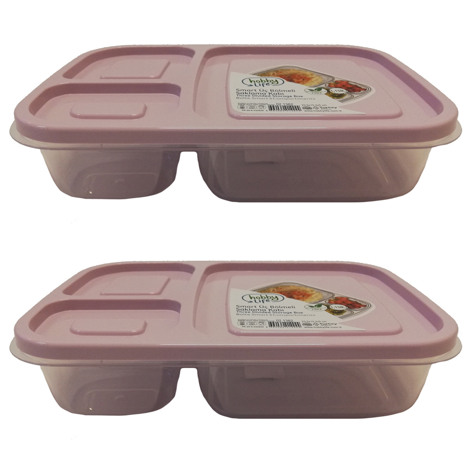 2x Roze lunchtrommel/vershoudbakjes kunststof met 3 vakken 1.15 liter -