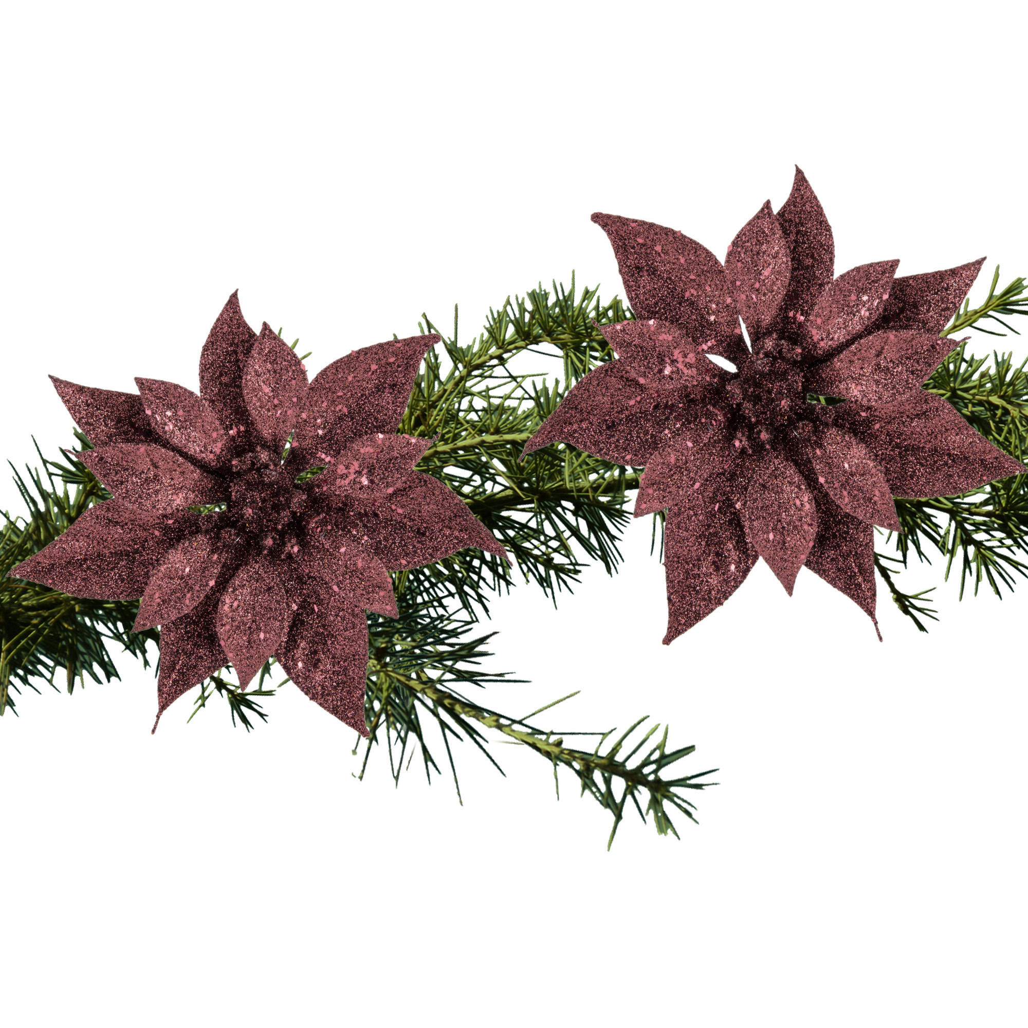 Kerstboom bloemen op clip - 2x stuks - donkerrood - kunststof - 18 cm