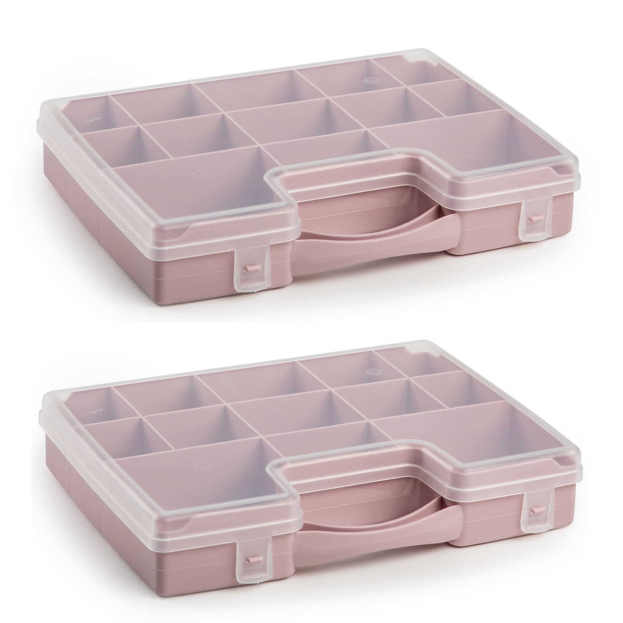2x stuks opbergkoffertje/opbergdoos/sorteerboxen 13-vaks kunststof oud roze 27 x 20 x 3 cm - Sorteerdoos kleine spulletjes