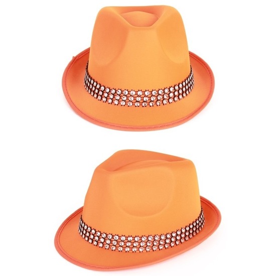 2x stuks oranje verkleed hoedje met zilveren steentjes - Koningsdag - Oranje feestartikelen