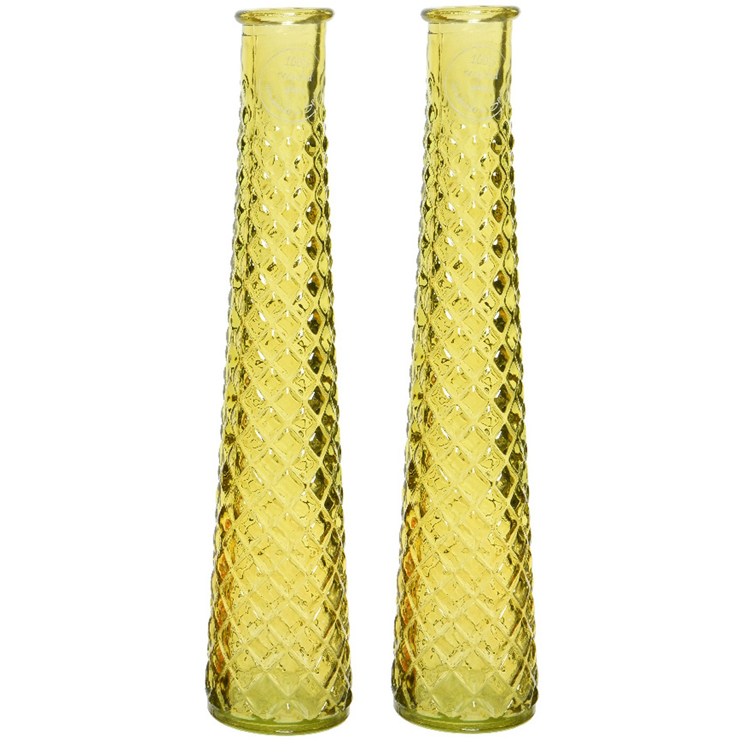 2x stuks vazen/bloemenvazen van gerecycled glas - D7 x H32 cm - geel -