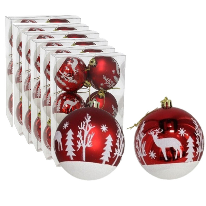 36x stuks gedecoreerde kerstballen rood kunststof 6 cm -