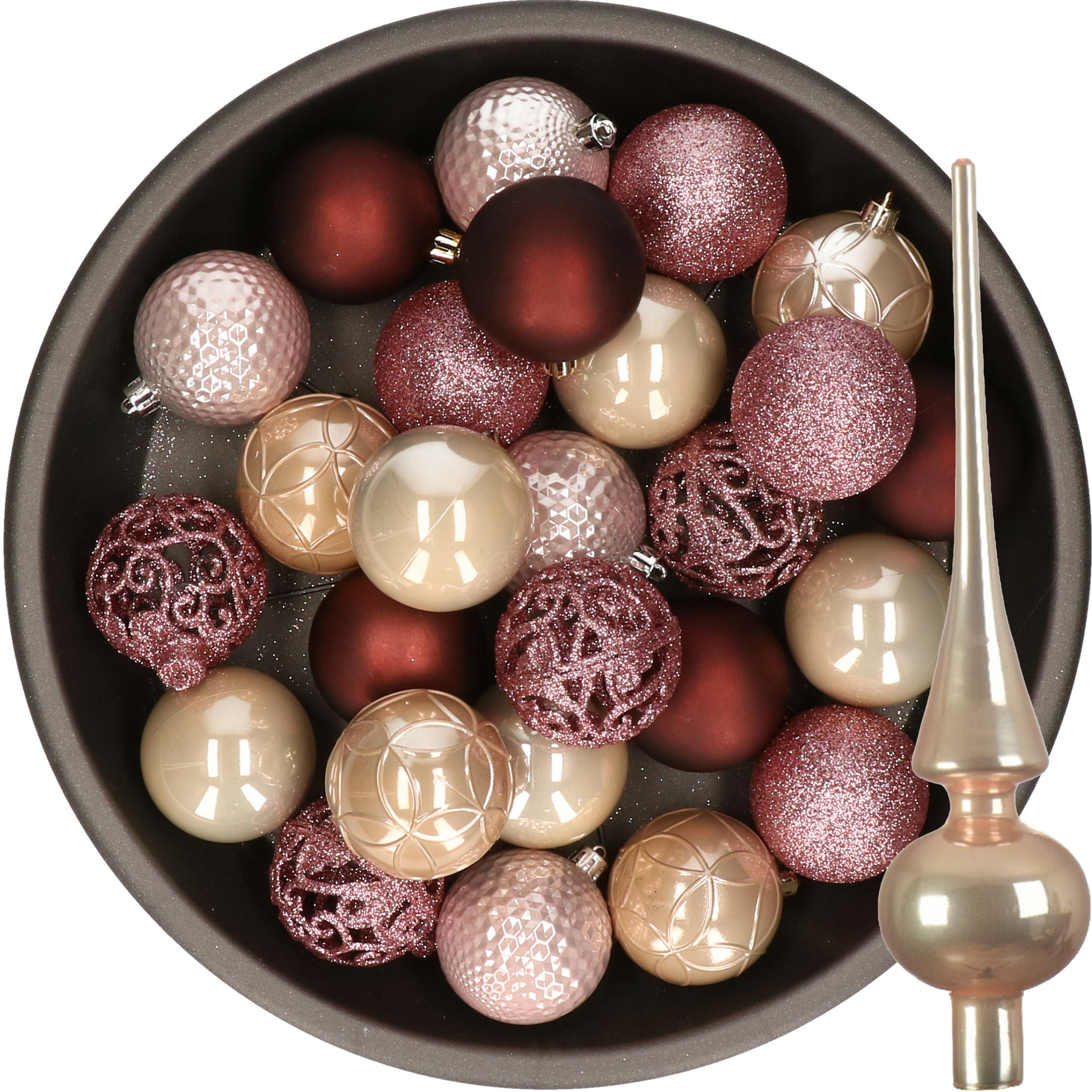 37x stuks kunststof kerstballen 6 cm incl. glazen piek roze en bruin tinten -