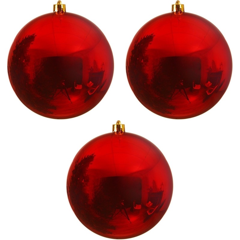 Decoris Christmas Red Kerstbal - 14 cm - Rood glans - Kunststof, plastic - 3 stuks