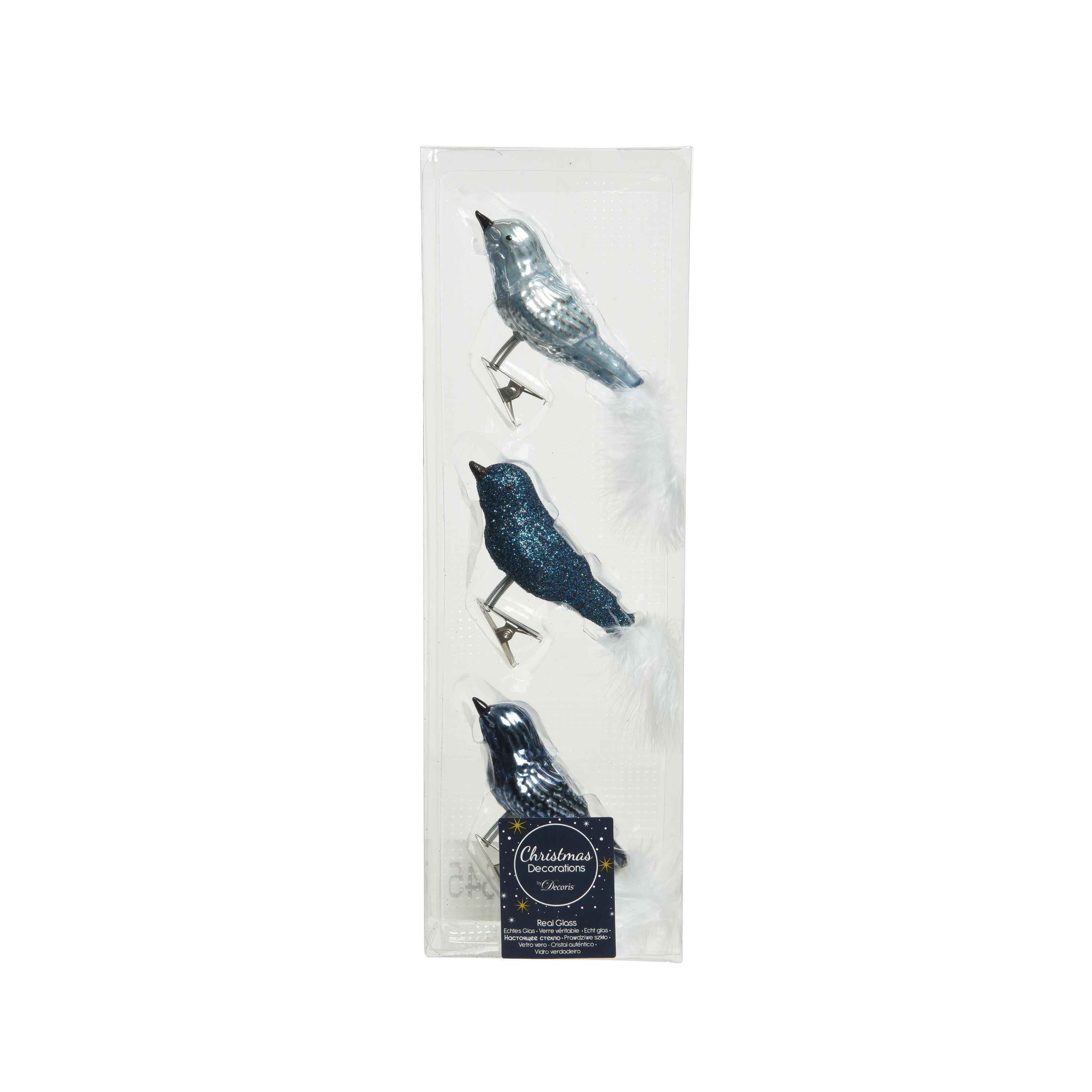 3x stuks glazen decoratie vogels op clip blauw tinten 8 cm -