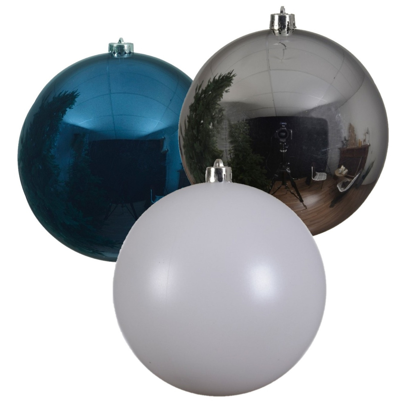 3x stuks grote kerstballen van 20 cm glans van kunststof zilver blauw en wit - Kerstversiering