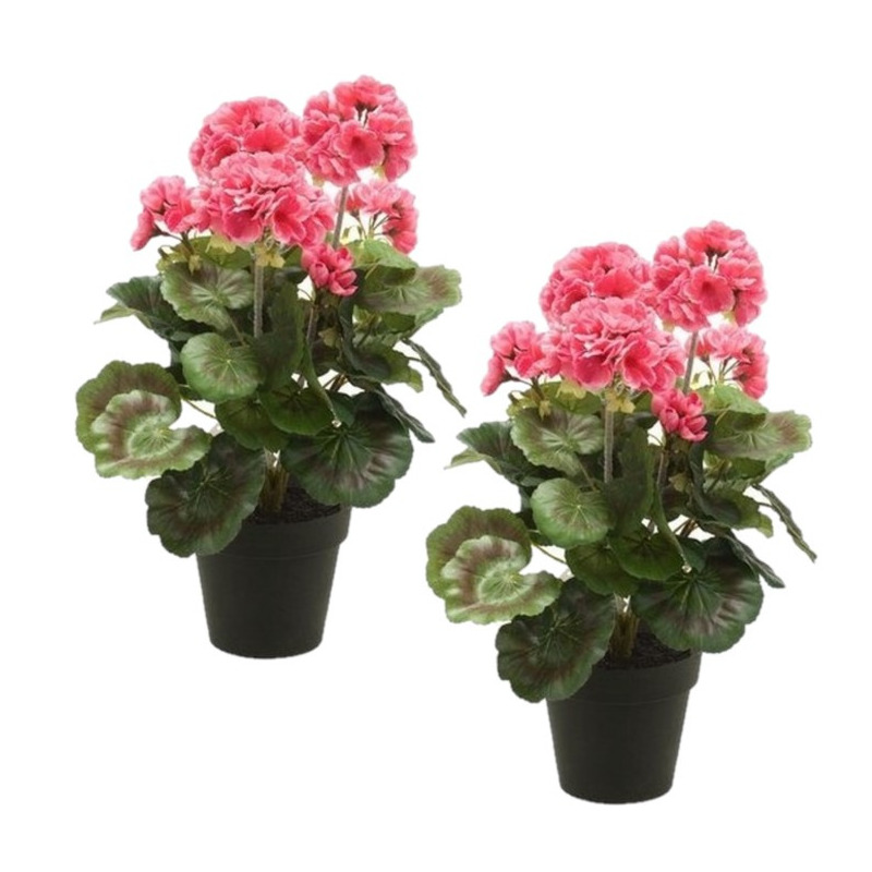 3x stuks kunstplant Geranium roze in pot 35 cm - Kamerplanten kunstplanten met bloemen