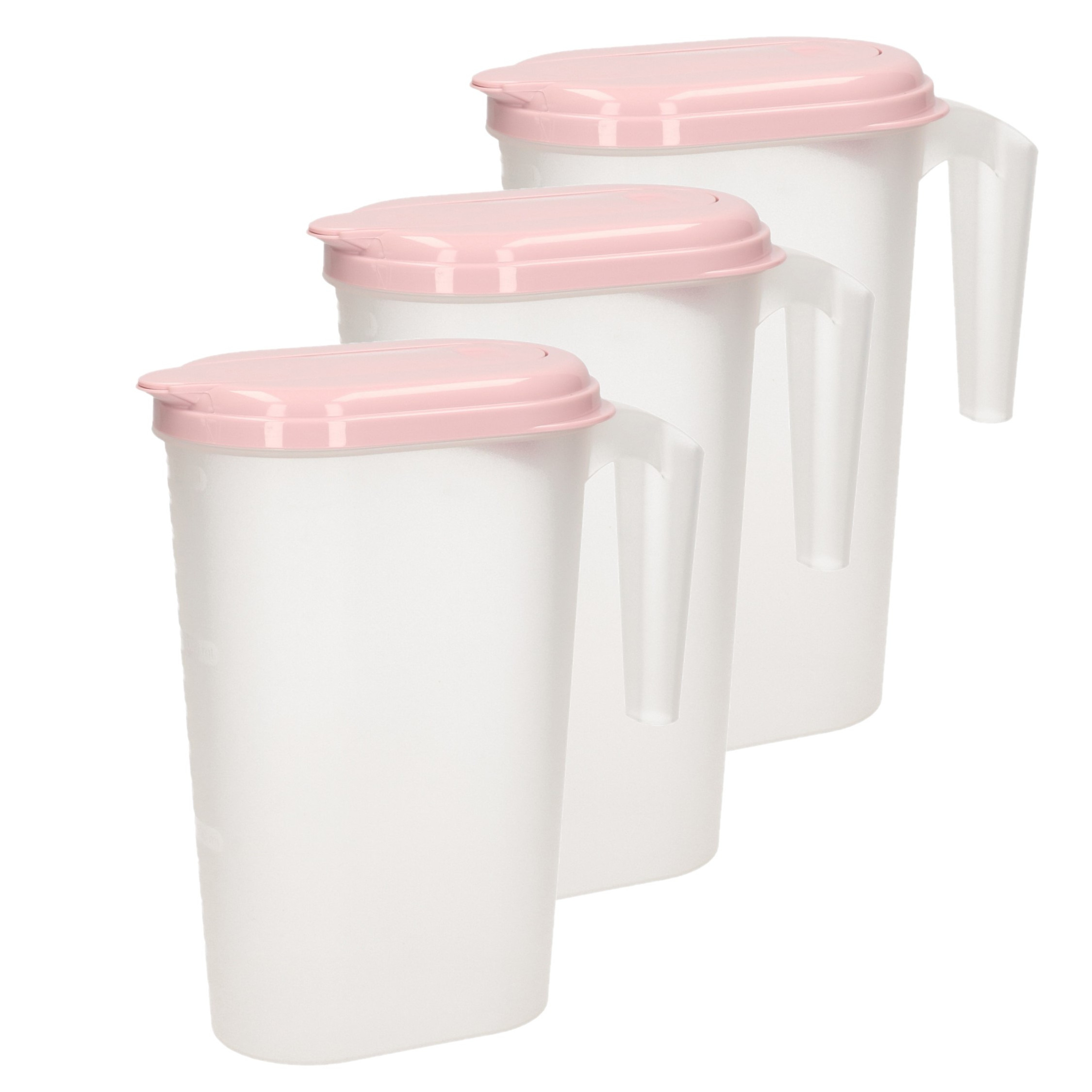 3x stuks waterkan/sapkan transparant/roze met deksel 1.6 liter kunststof -