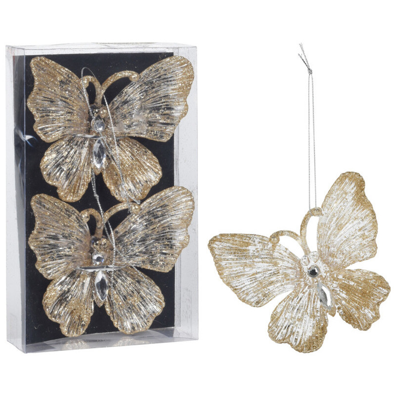 6x stuks decoratiehangers vlinders champagne/goud 15 cm -