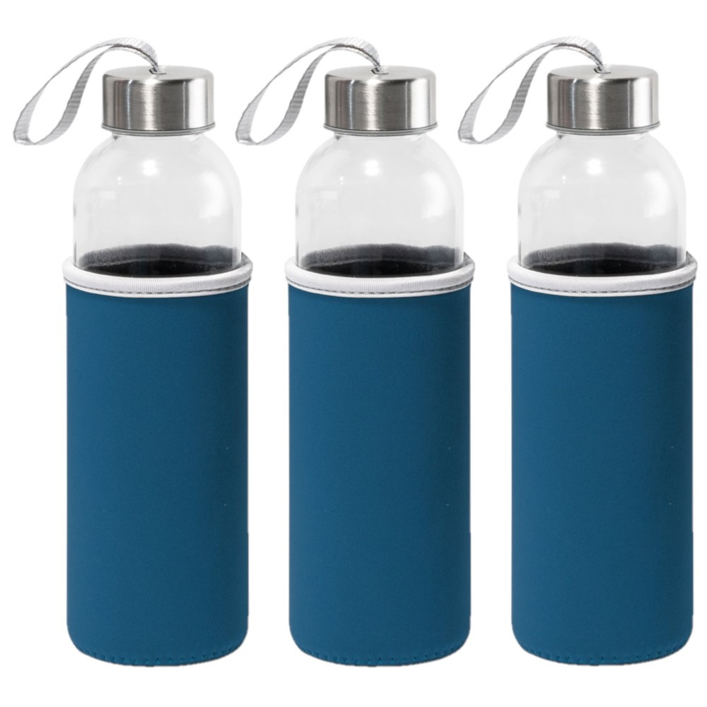 6x Stuks glazen waterfles/drinkfles met blauwe softshell bescherm hoes 520 ml - Sportfles - Bidon