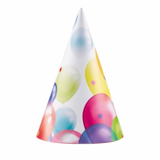 8x Feestelijke hoedjes met ballonnen opdruk karton