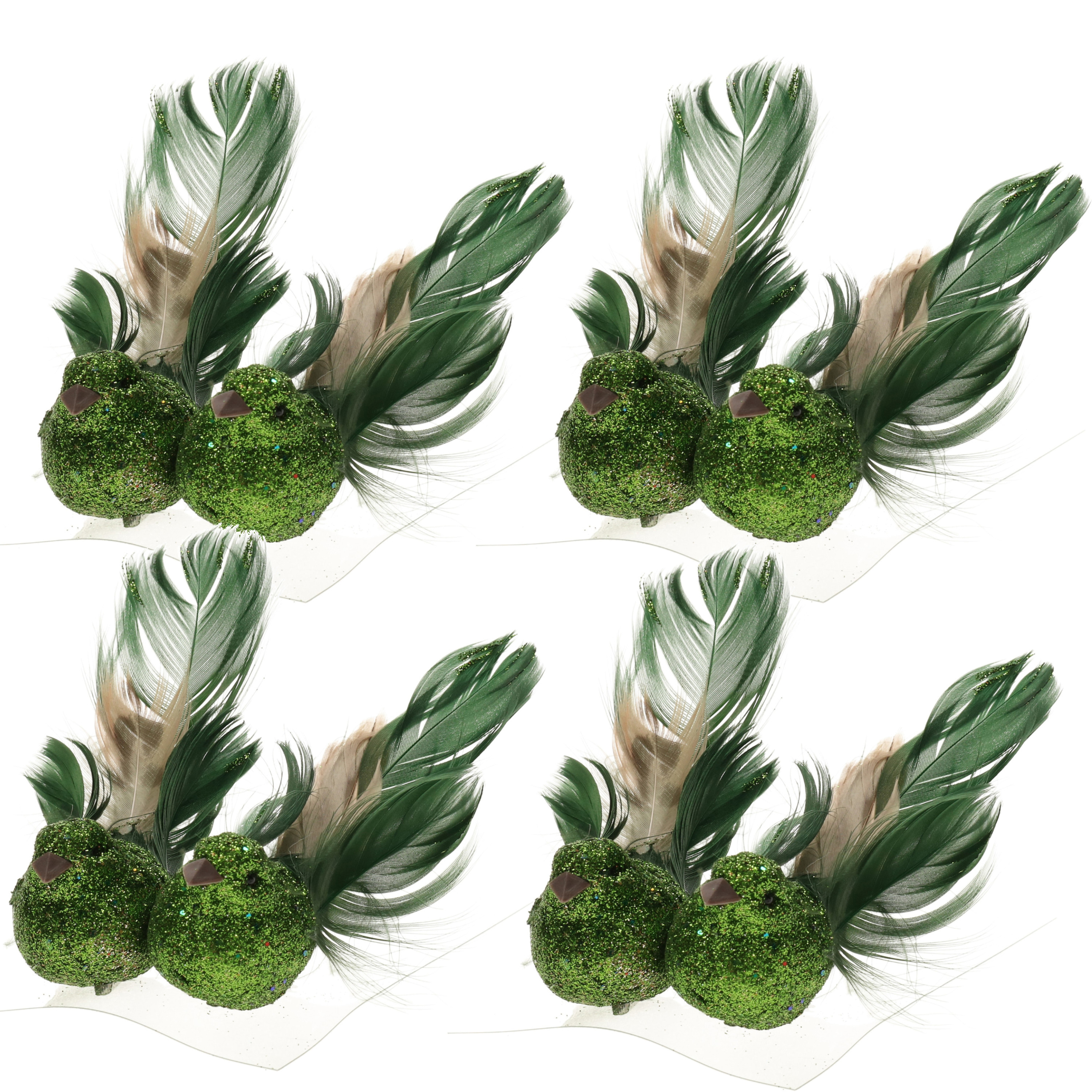 8x stuks decoratie vogels op clip glitter groen 11 cm -