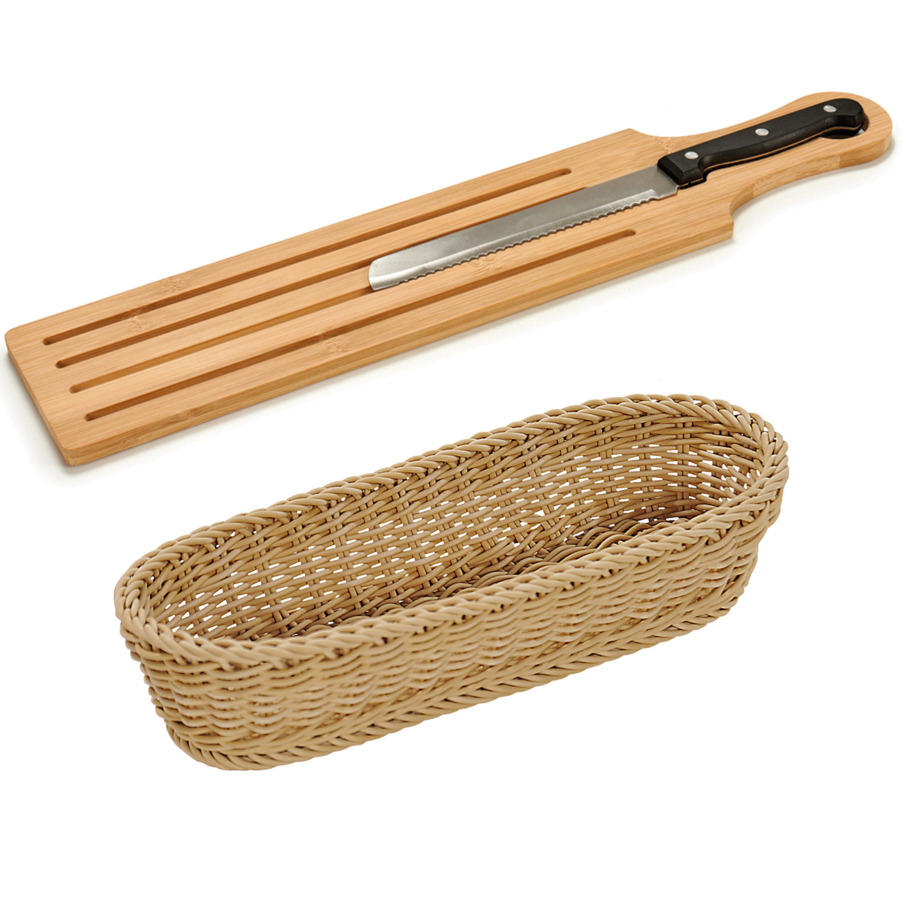 Bamboe houten broodplank/snijplank/serveerplank met broodmes 50 x 10 cm en broodmandje van 41 cm -