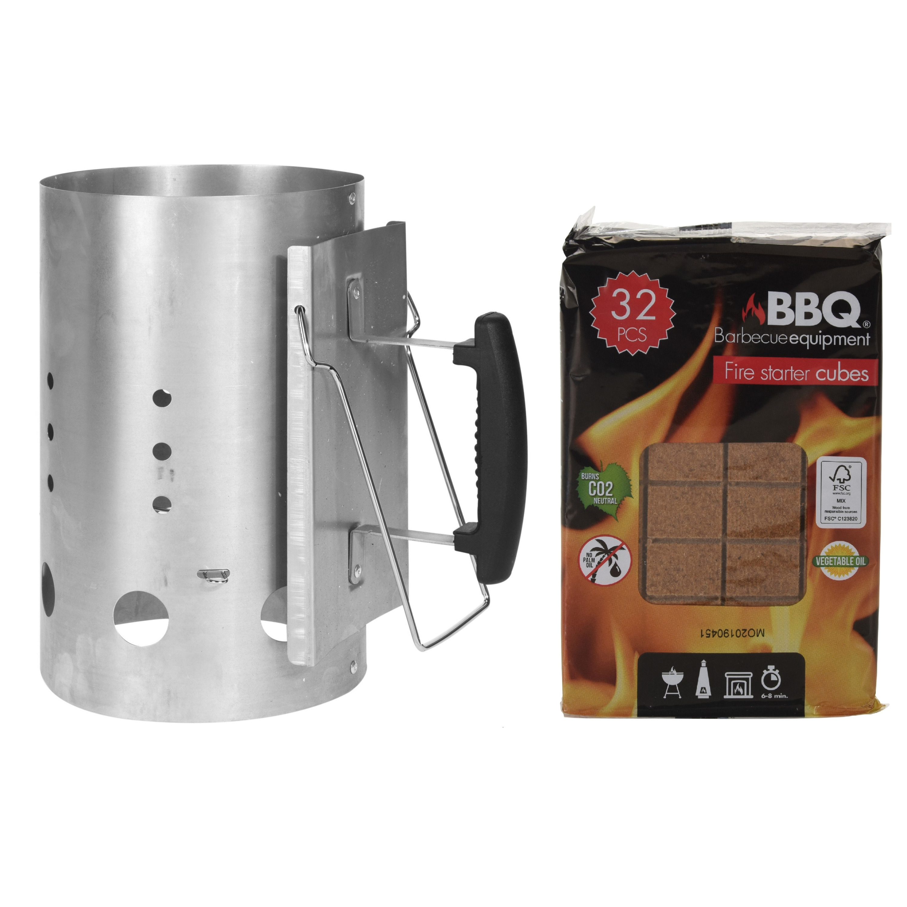 BBQ briketten/houtskool starter met kunststoffen handvat 30 cm - Inclusief 32x BBQ aanmaakblokjes