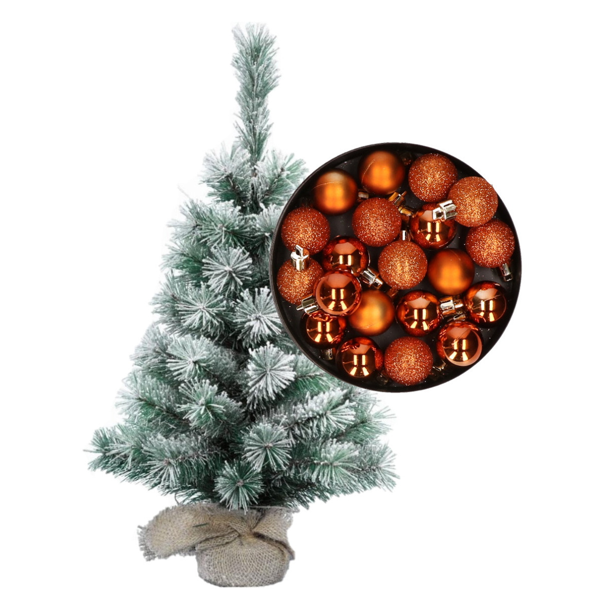 Besneeuwde mini kerstboom/kunst kerstboom 35 cm met kerstballen oranje -