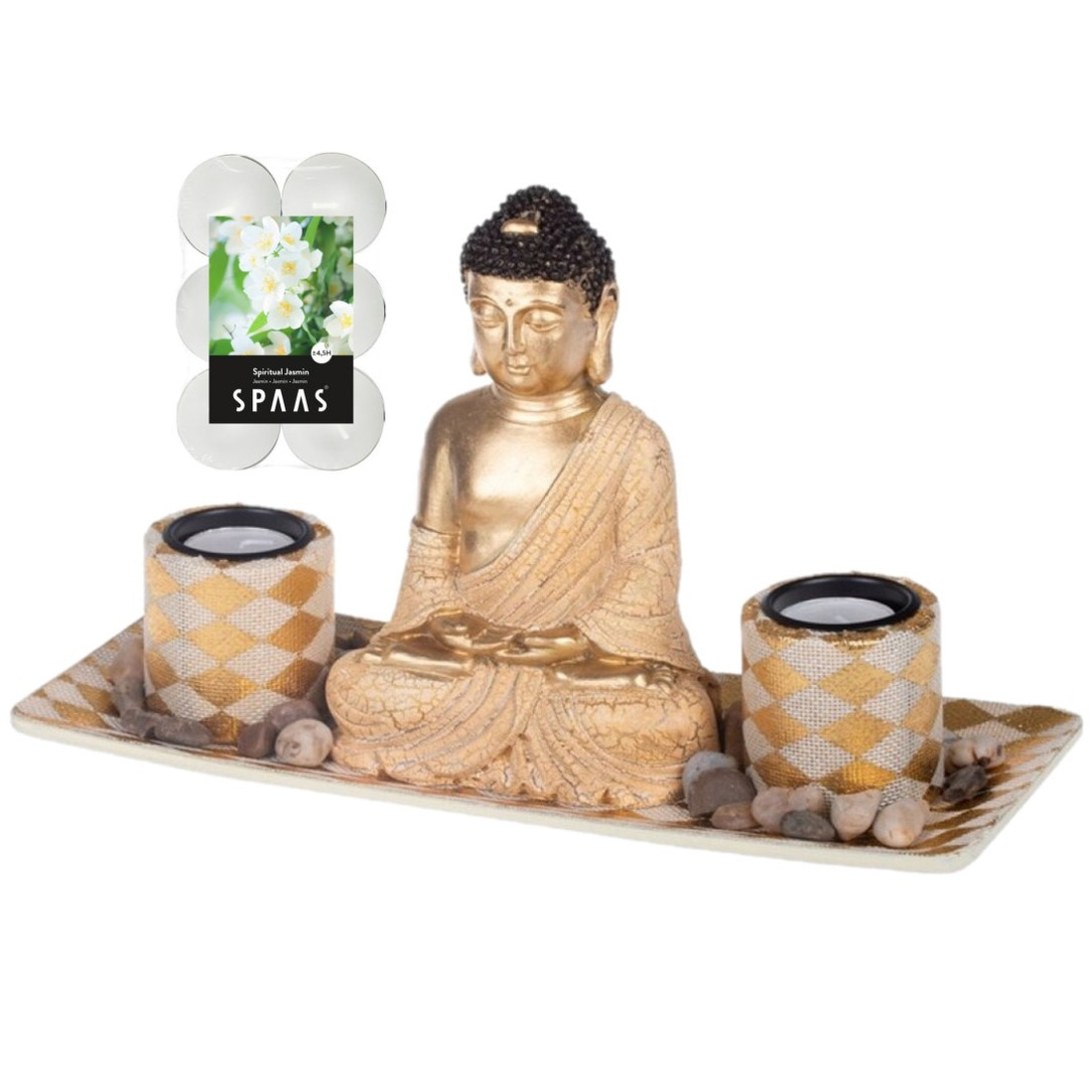 Boeddha beeld voor binnen 31 cm met 12x geurkaarsen Spiritual Jasmin -