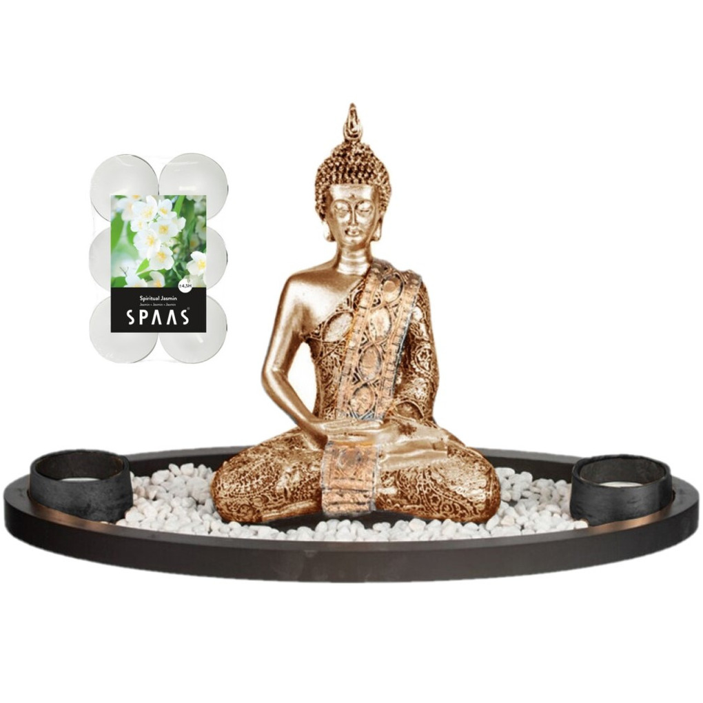Boeddha beeld voor binnen 33 cm met 12x geurkaarsen Spiritual Jasmin -