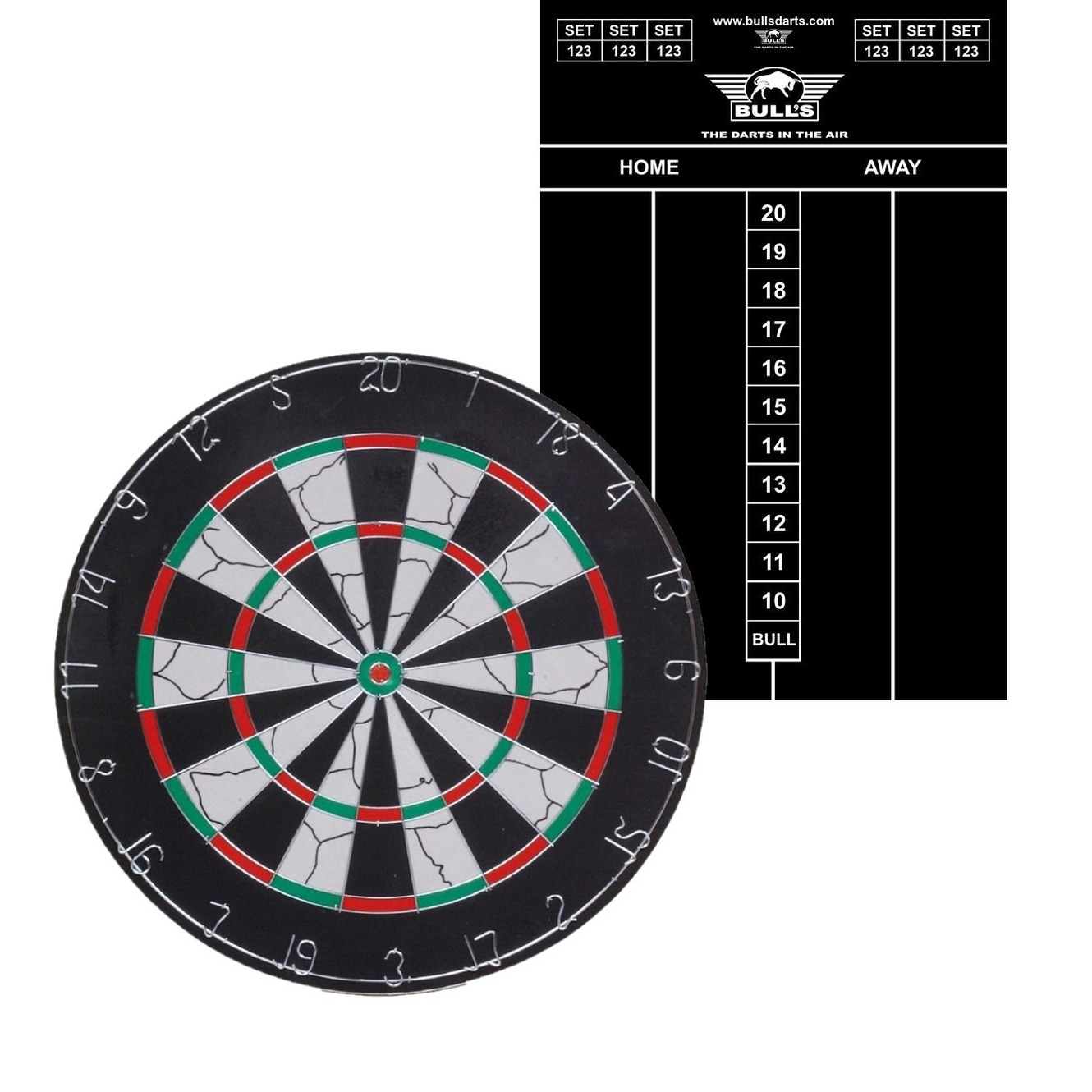 Dartbord Longfield set compleet van diameter 45 cm met 6 dartpijlen en een krijt scorebord 45 x 30 cm