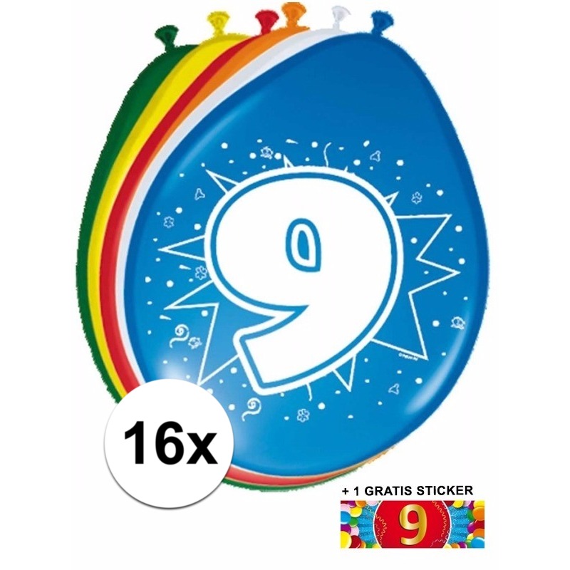 Feest ballonnen met 9 jaar print 16x + sticker