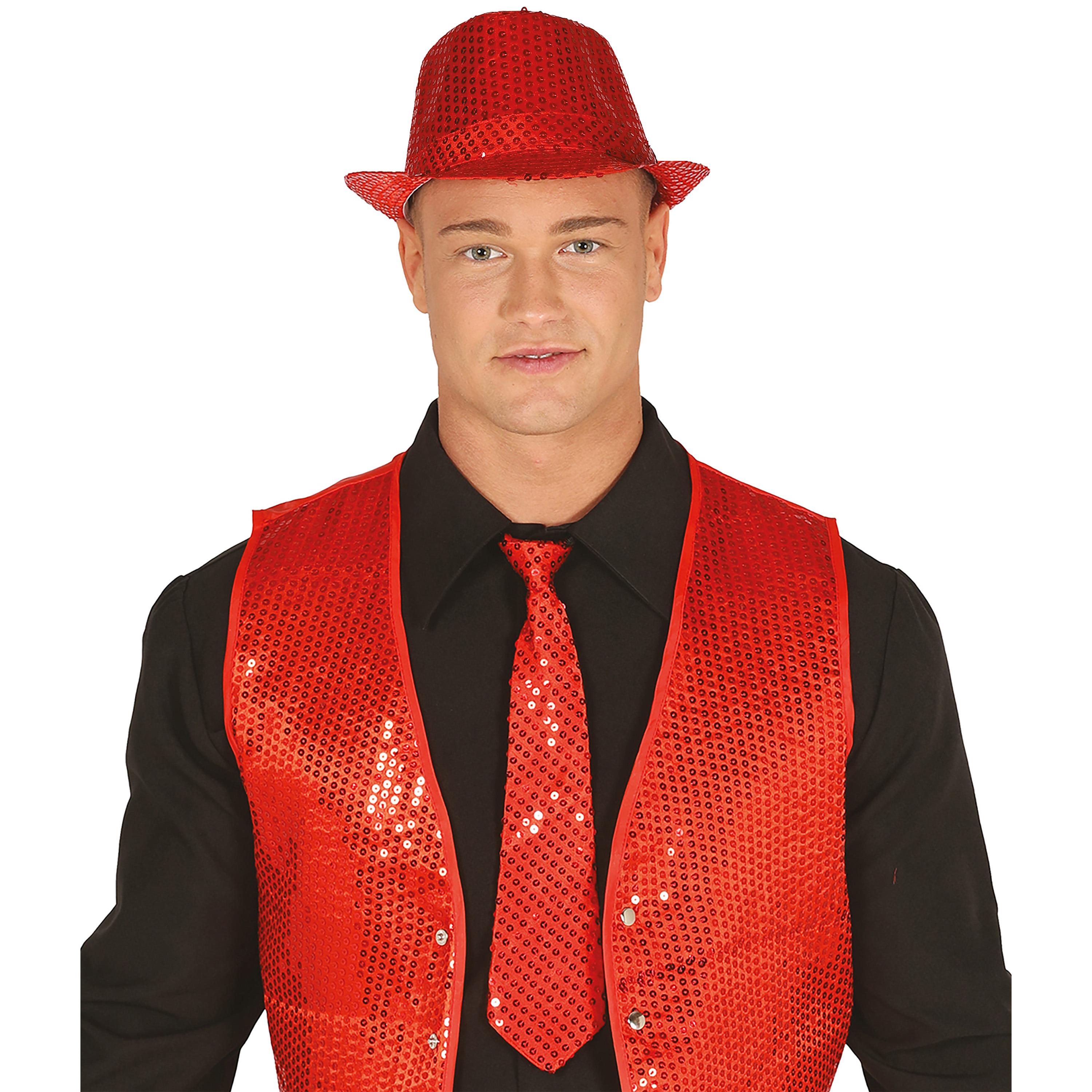 Fiestas Guirca Carnaval verkleed stropdas en hoed - rood - pailletten - volwassenen