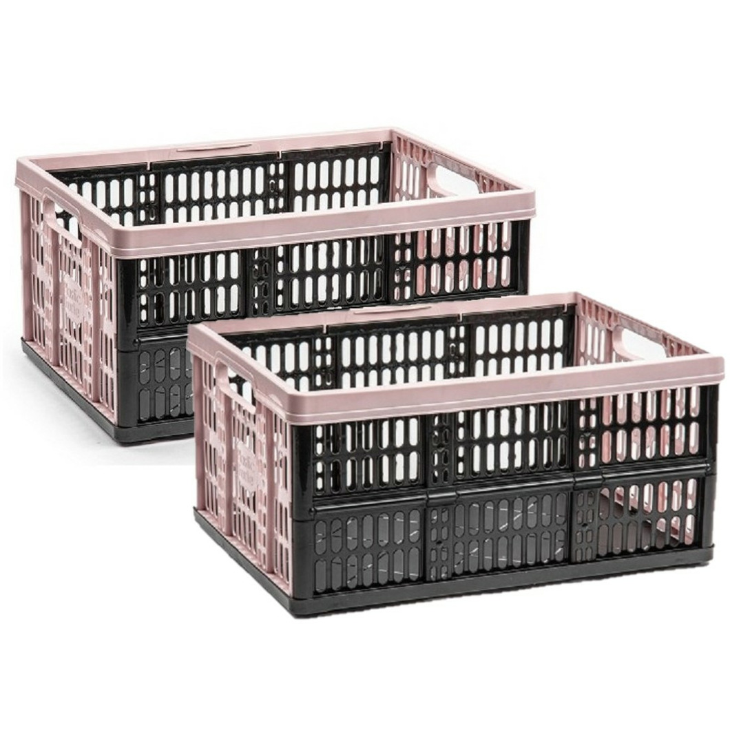 Forte Plastics 2x stuks boodschappen kratten opvouwbaar zwart/roze 48 x 35 x 24 cm -