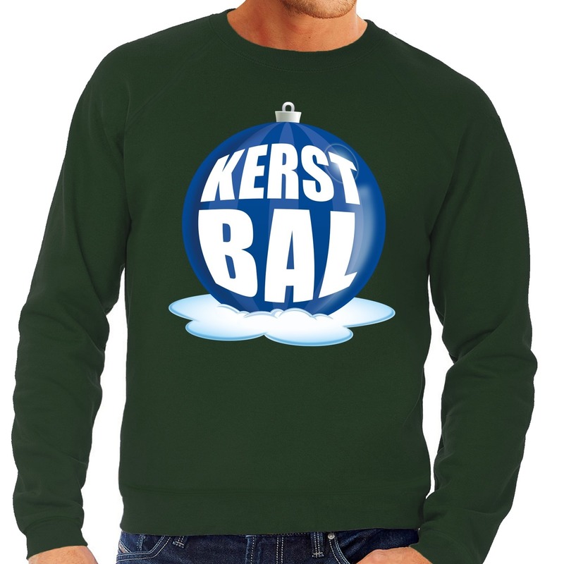 Foute feest kerst sweater met blauwe kerstbal op groene sweater voor heren M (50) -