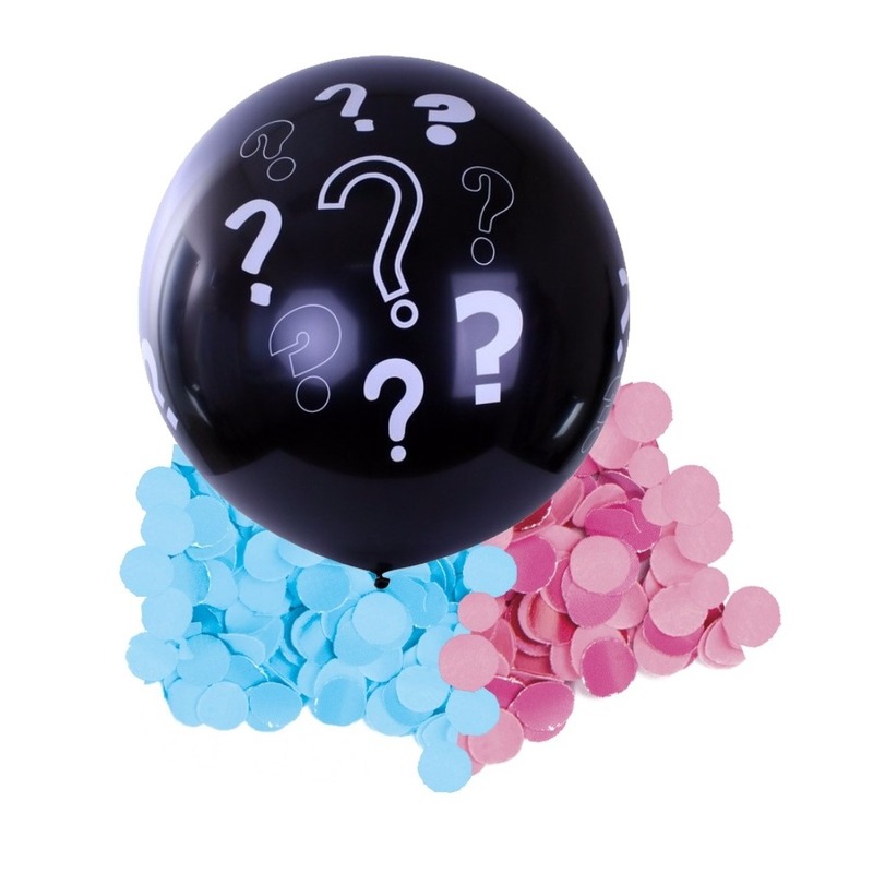 Gender reveal ballon voor party / feestje incl blauw en roze confetti zwart 90 cm -