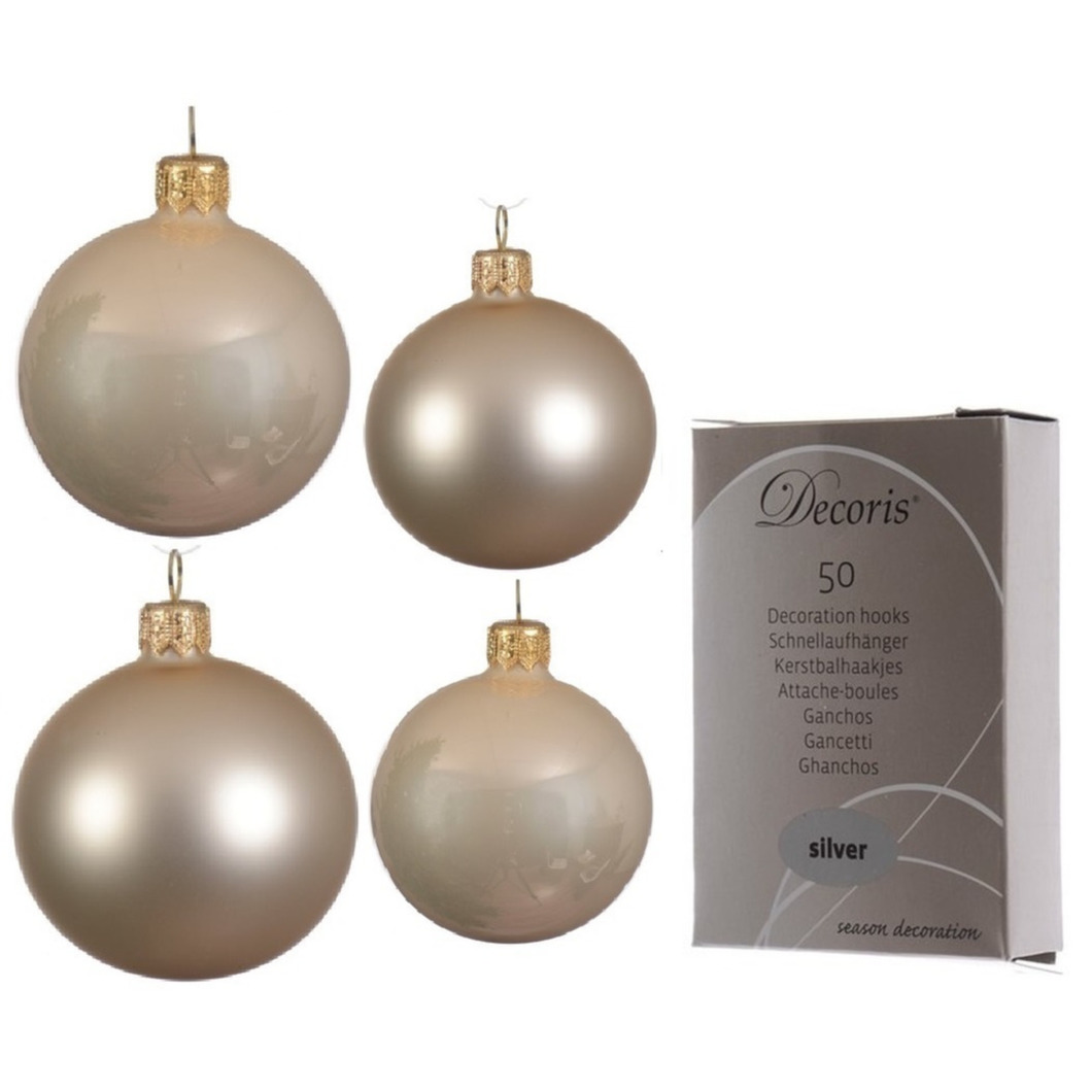 Compleet glazen kerstballen pakket champagne glans/mat 38x stuks - 18x 4 cm en 20x 6 cm - Inclusief 50x haakjes