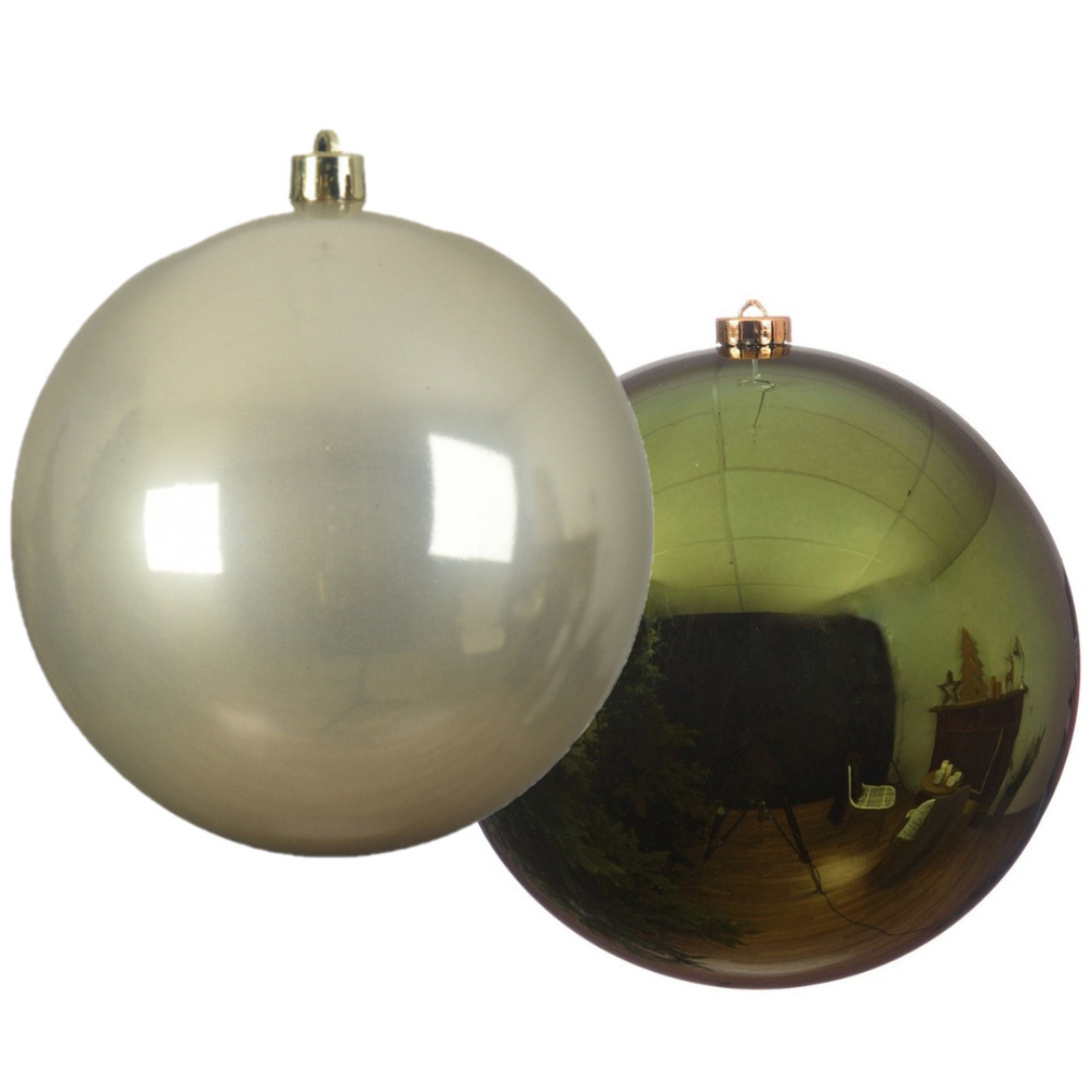 Grote decoratie kerstballen - 2x - 20 cm -champagne en donkergroen -kunststof