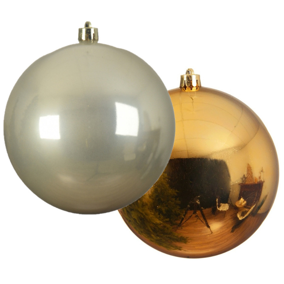 Grote decoratie kerstballen - 2x st- 20 cm -champagne en goud -kunststof