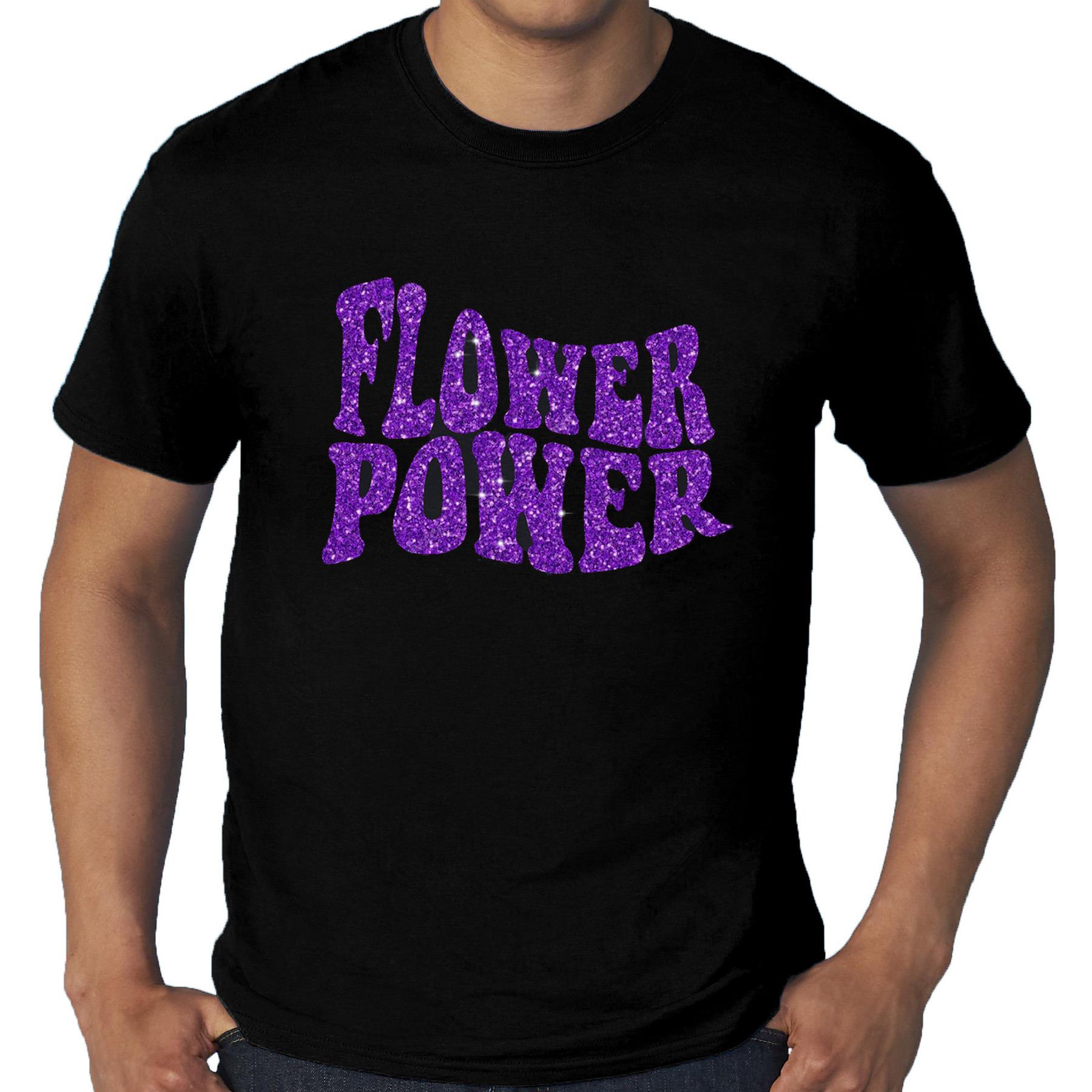 Taiko buik krokodil roekeloos Zwart t-shirt in grote maat heren met tekst Flower Power in paarse glitter  letters bestellen? | Shoppartners.nl