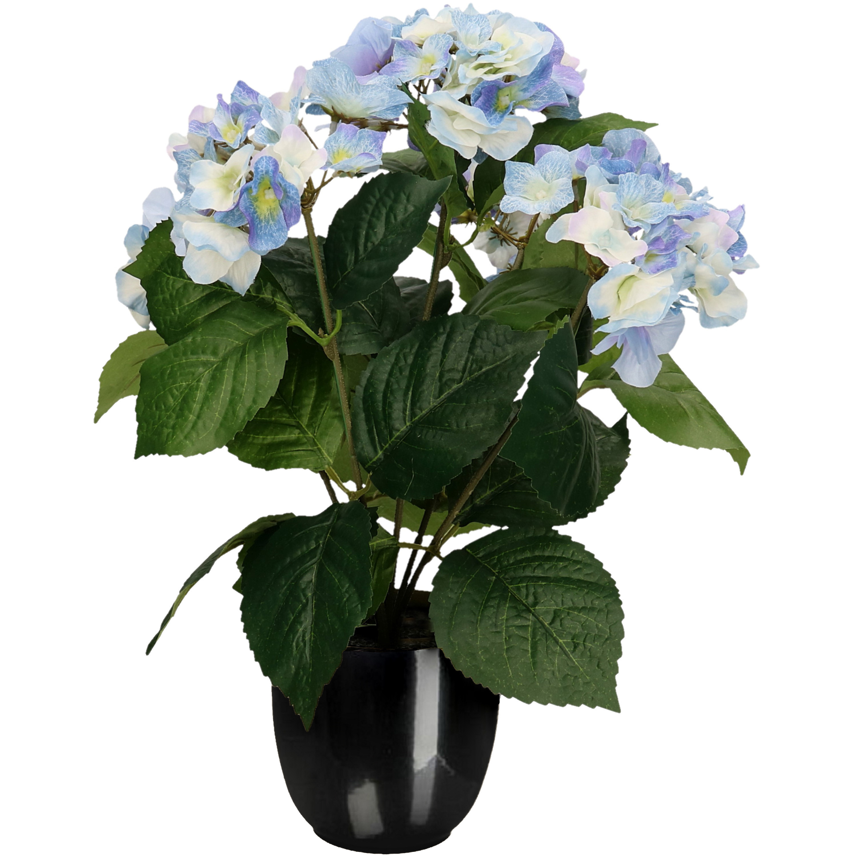 Hortensia kunstplant/kunstbloemen 40 cm - blauw - in pot zwart glans -