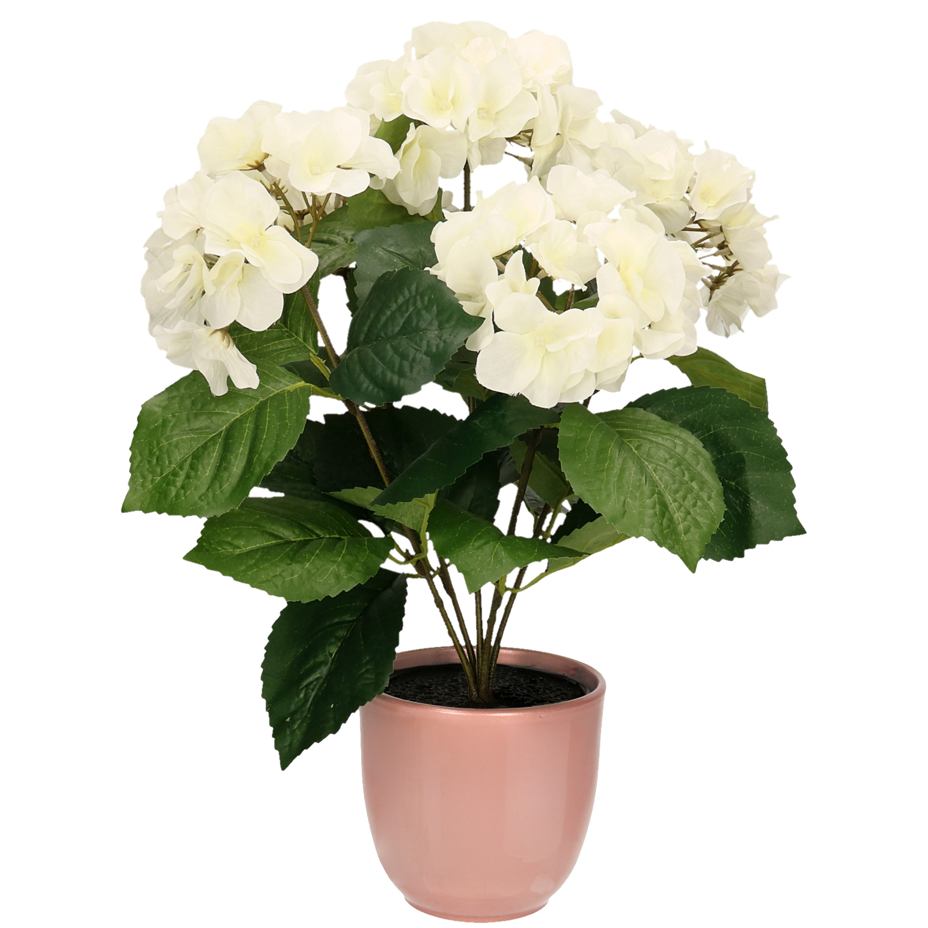 Hortensia kunstplant/kunstbloemen 40 cm - wit - in pot lichtroze glans -