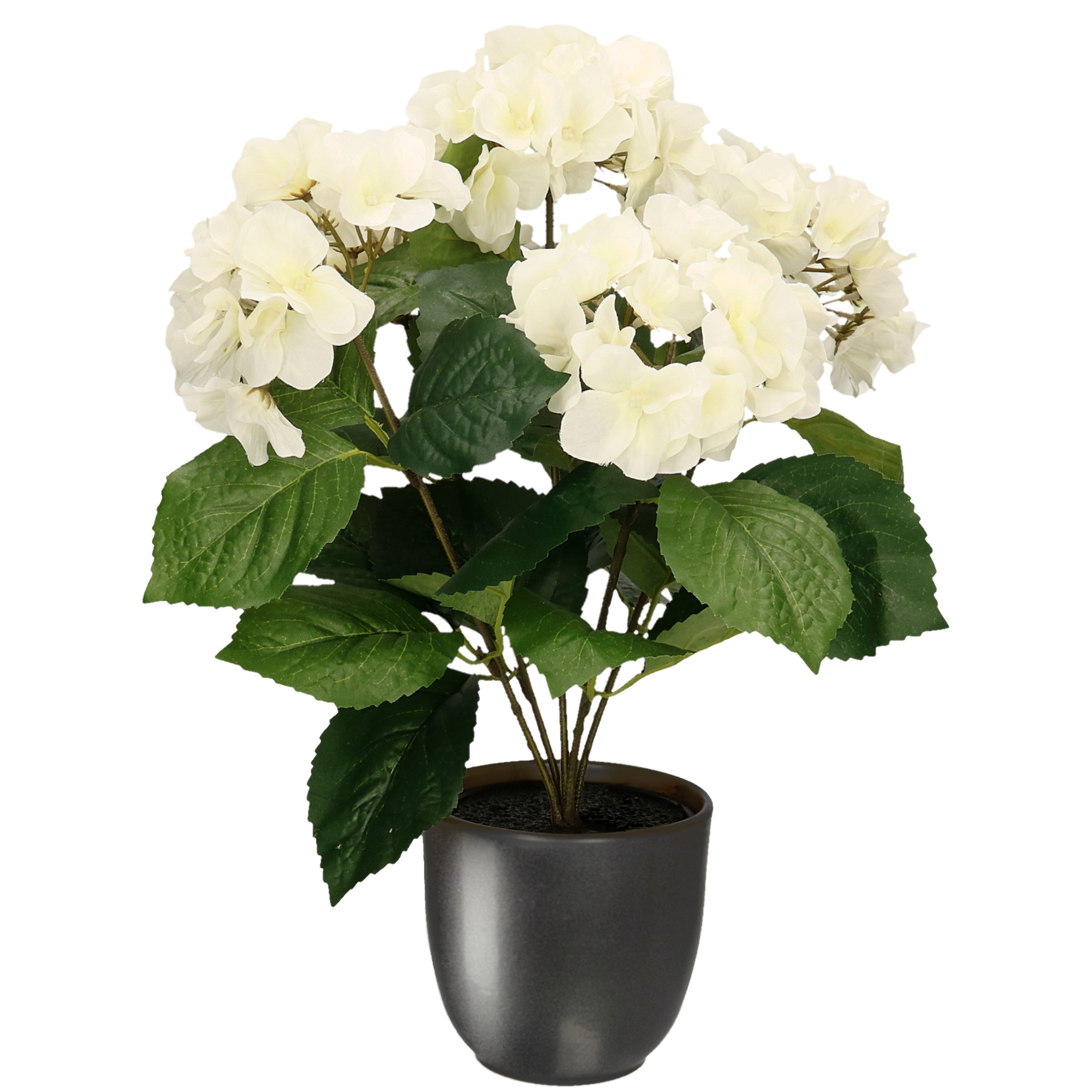 Hortensia kunstplant/kunstbloemen 40 cm - wit - in pot metallic grijs -