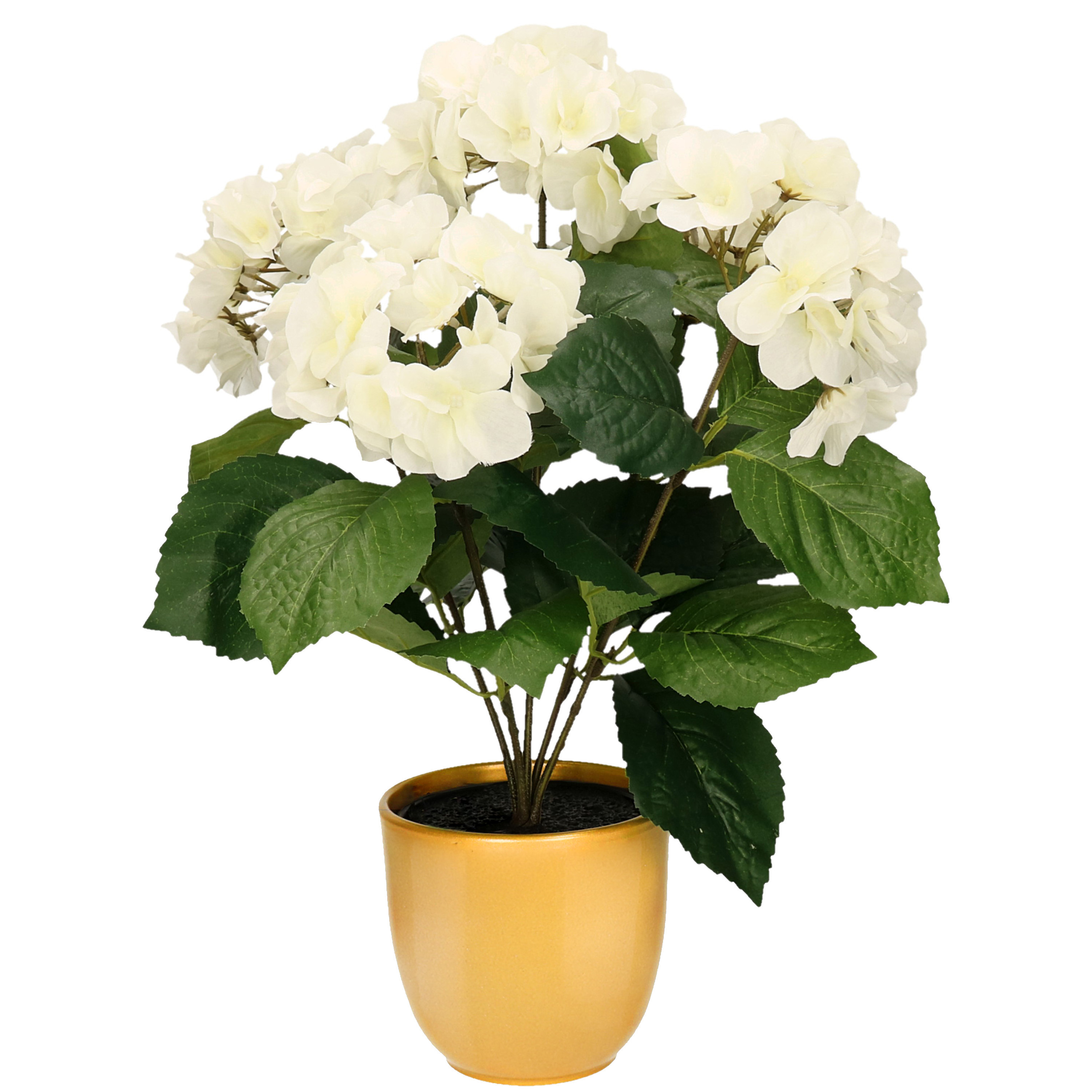 Hortensia kunstplant/kunstbloemen 40 cm - wit - in pot okergeel glans -