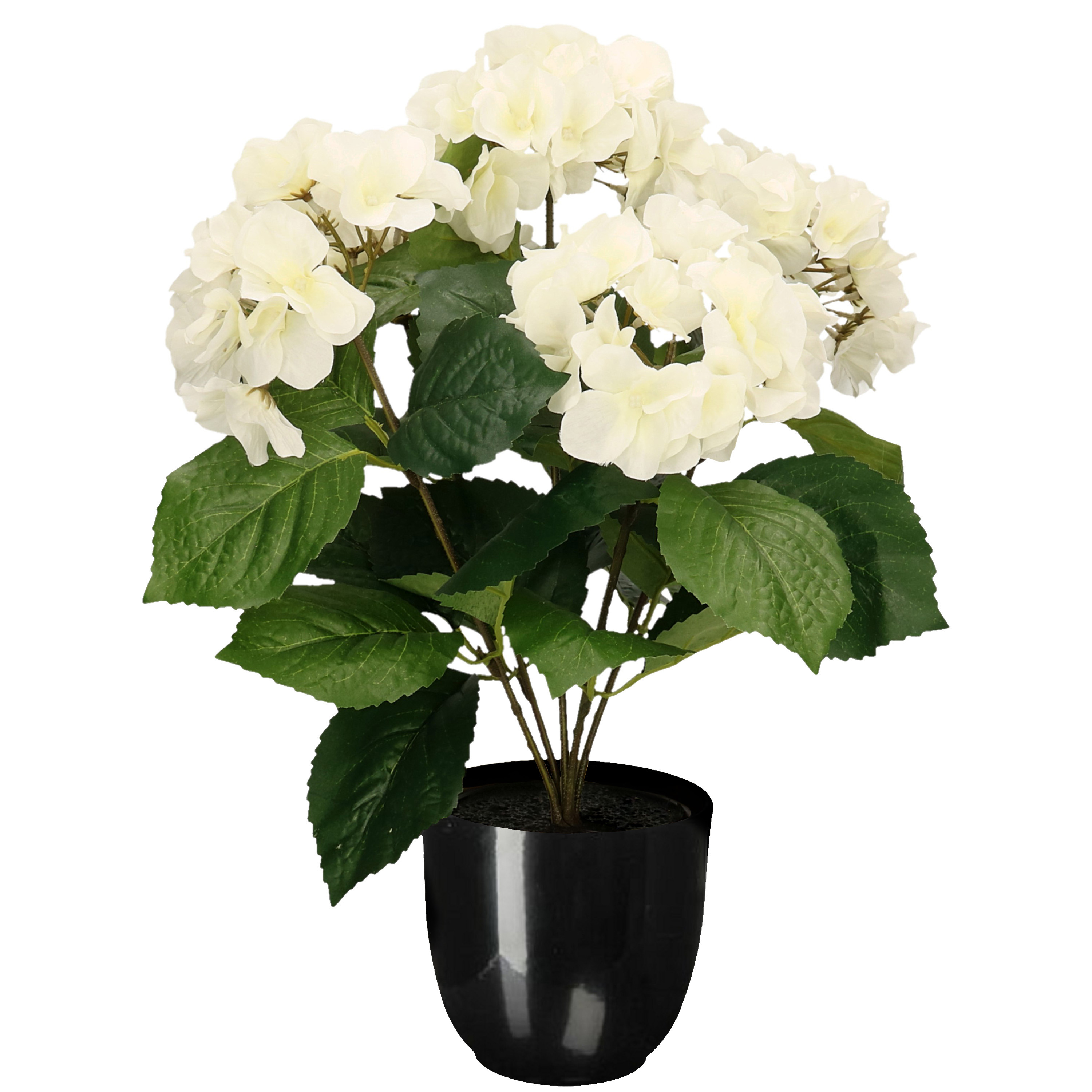 Hortensia kunstplant/kunstbloemen 40 cm - wit - in pot zwart glans -