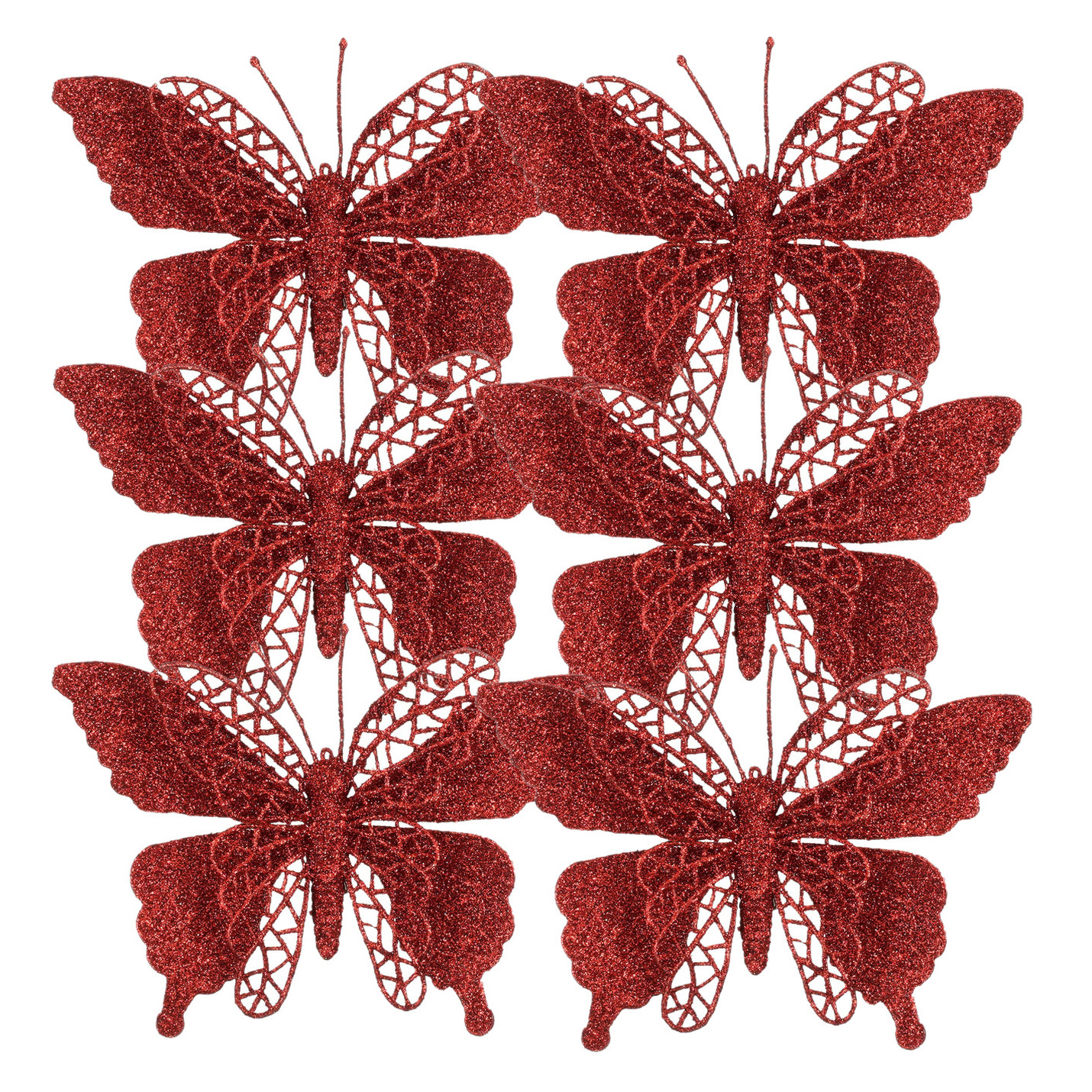 House of Seasons kerstboomversiering vlinders op clip - 6x st - rood - 16 cm