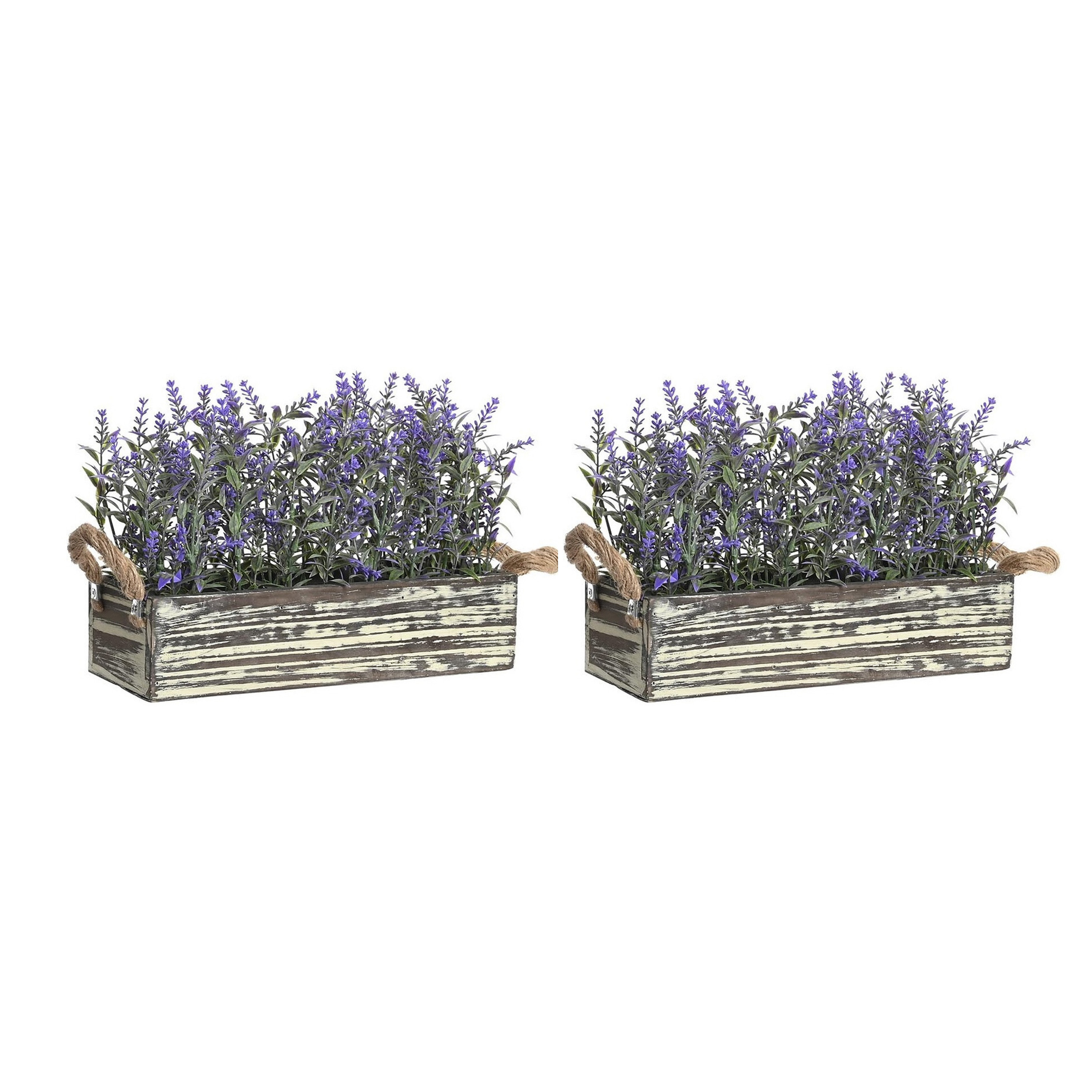 Items Lavendel bloemen kunstplant in bloembak - 2x - donkerpaarse bloemen - 30 x 12 x 21 cm - bloemstukje -