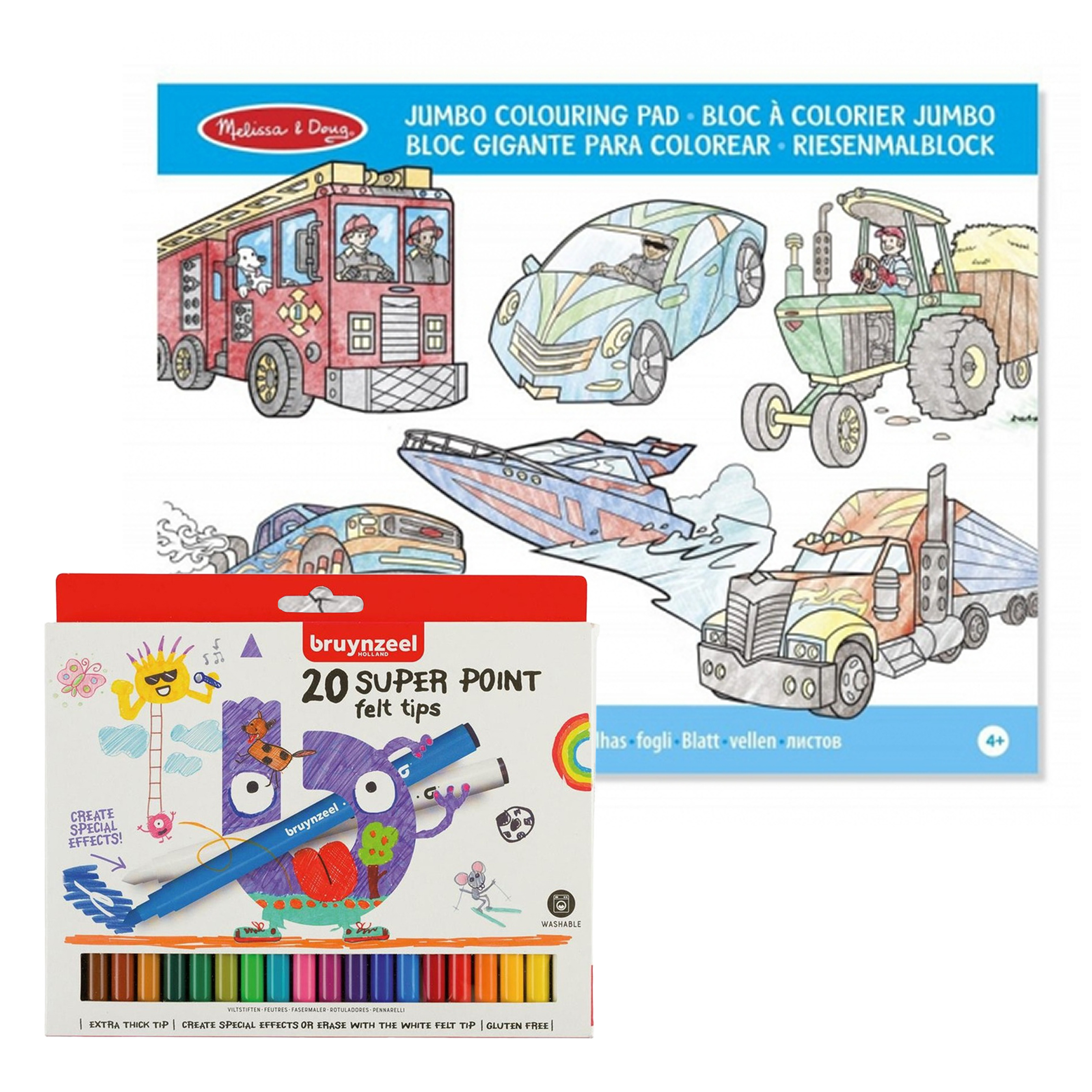 Jongens voertuigen kleurboek met 20x bruynzeel viltstiften set -