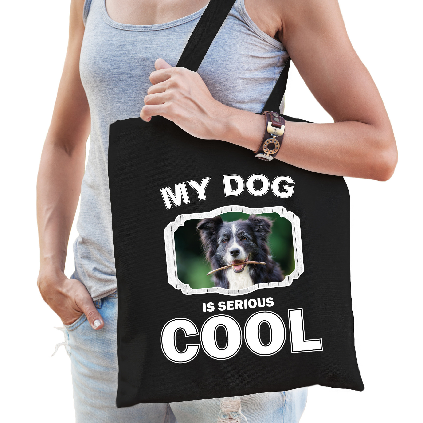 Katoenen tasje my dog is serious cool zwart - Border collie honden cadeau tas -
