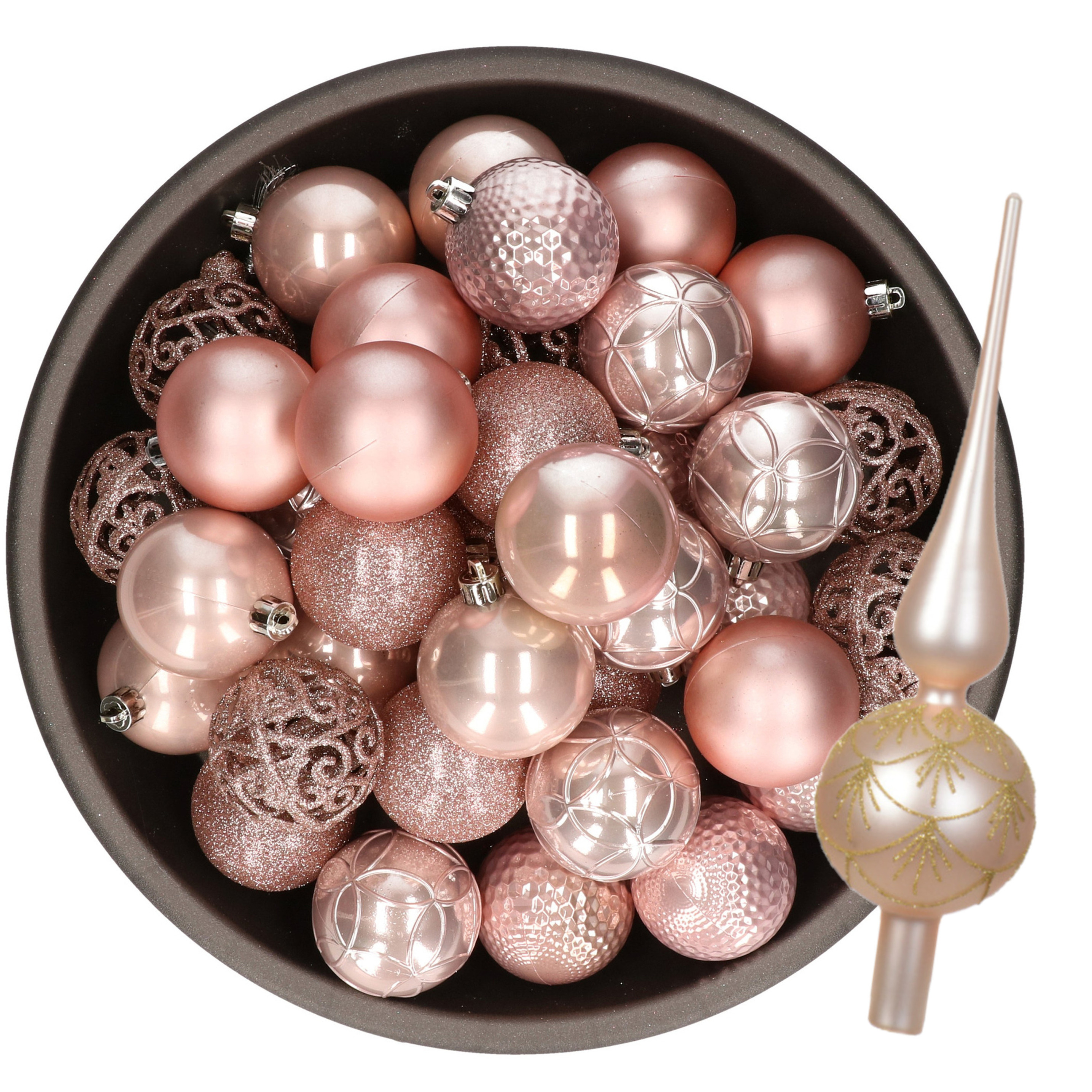 Kerstversiering set - 38-dlg - lichtroze - kunststof kerstballen en glazen piek