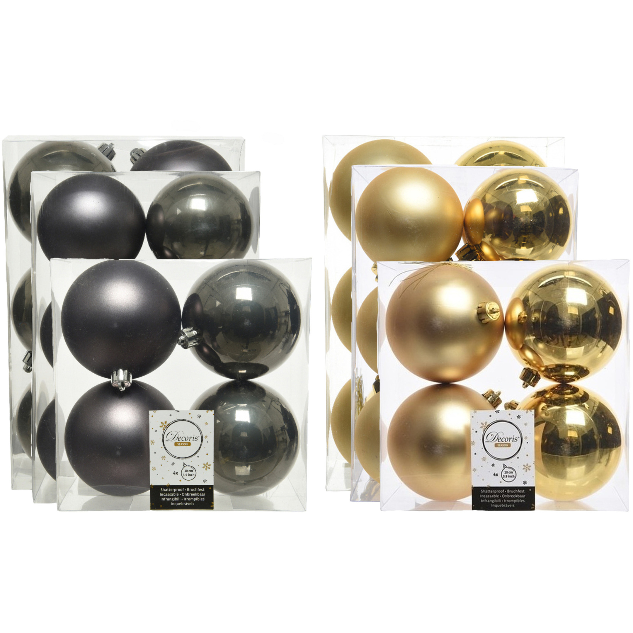 Kerstversiering kunststof kerstballen mix antraciet/goud 6-8-10 cm pakket van 44x stuks -