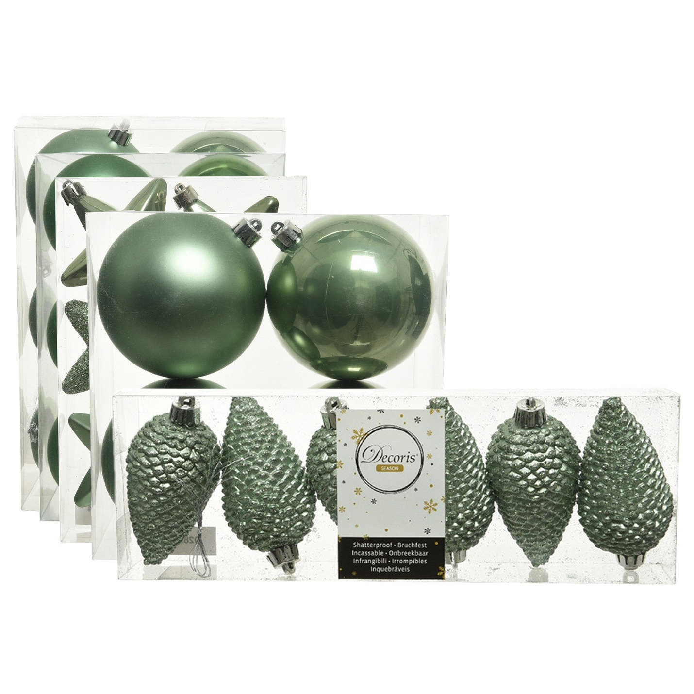 Kerstversiering kunststof kerstballen salie groen 6-8-10 cm pakket van 68x stuks -