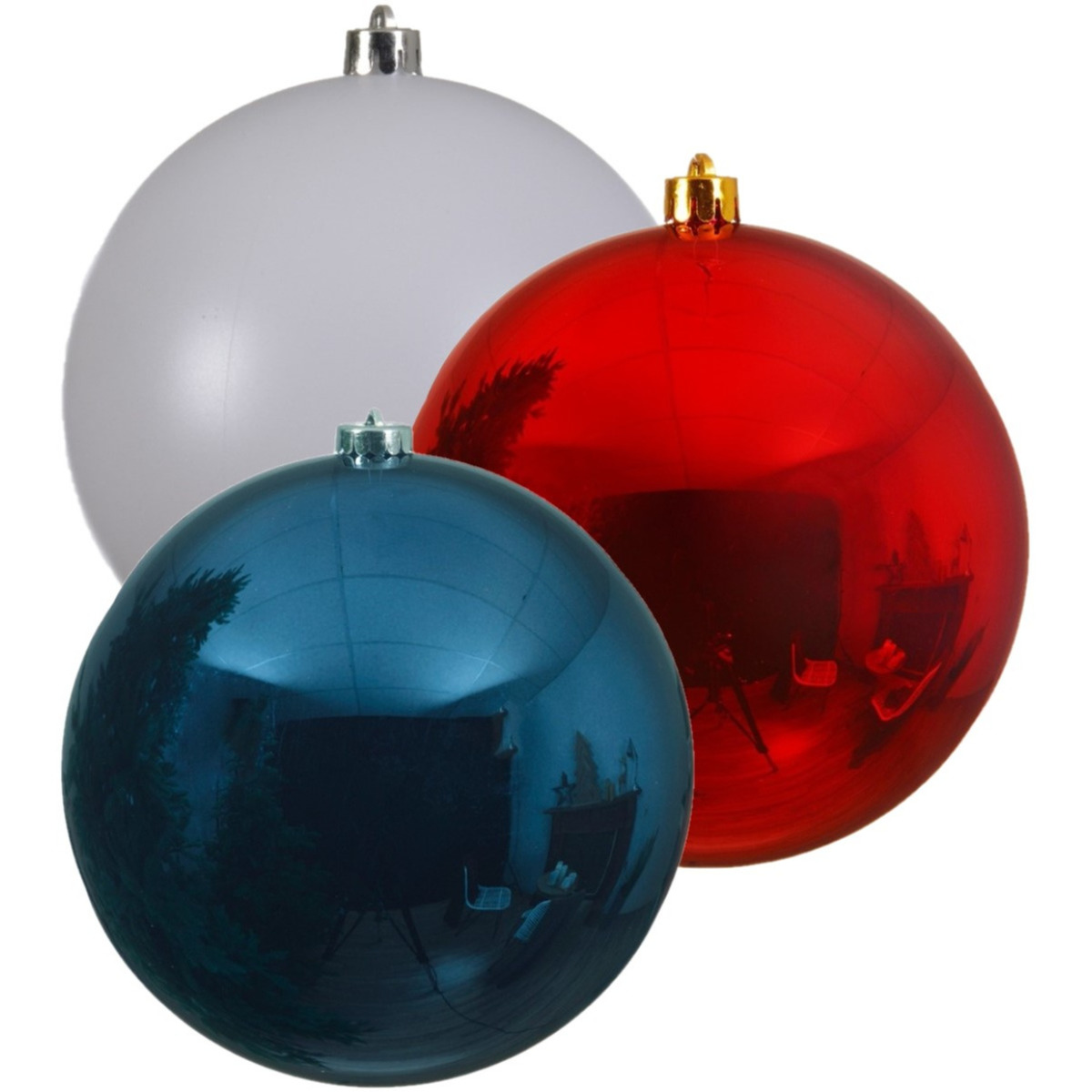 Kerstversieringen set van 6x grote kunststof kerstballen blauw-wit-rood 14 cm glans - 2x per kleur