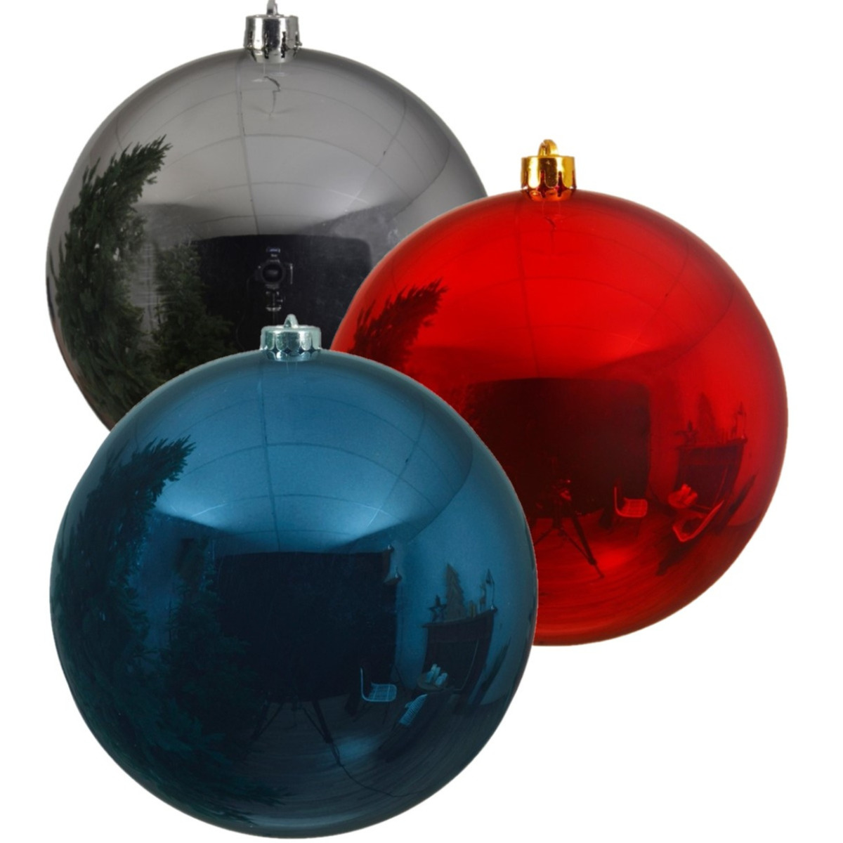 Kerstversieringen set van 6x grote kunststof kerstballen blauw-zilver-rood 14 cm glans - 2x per kleur