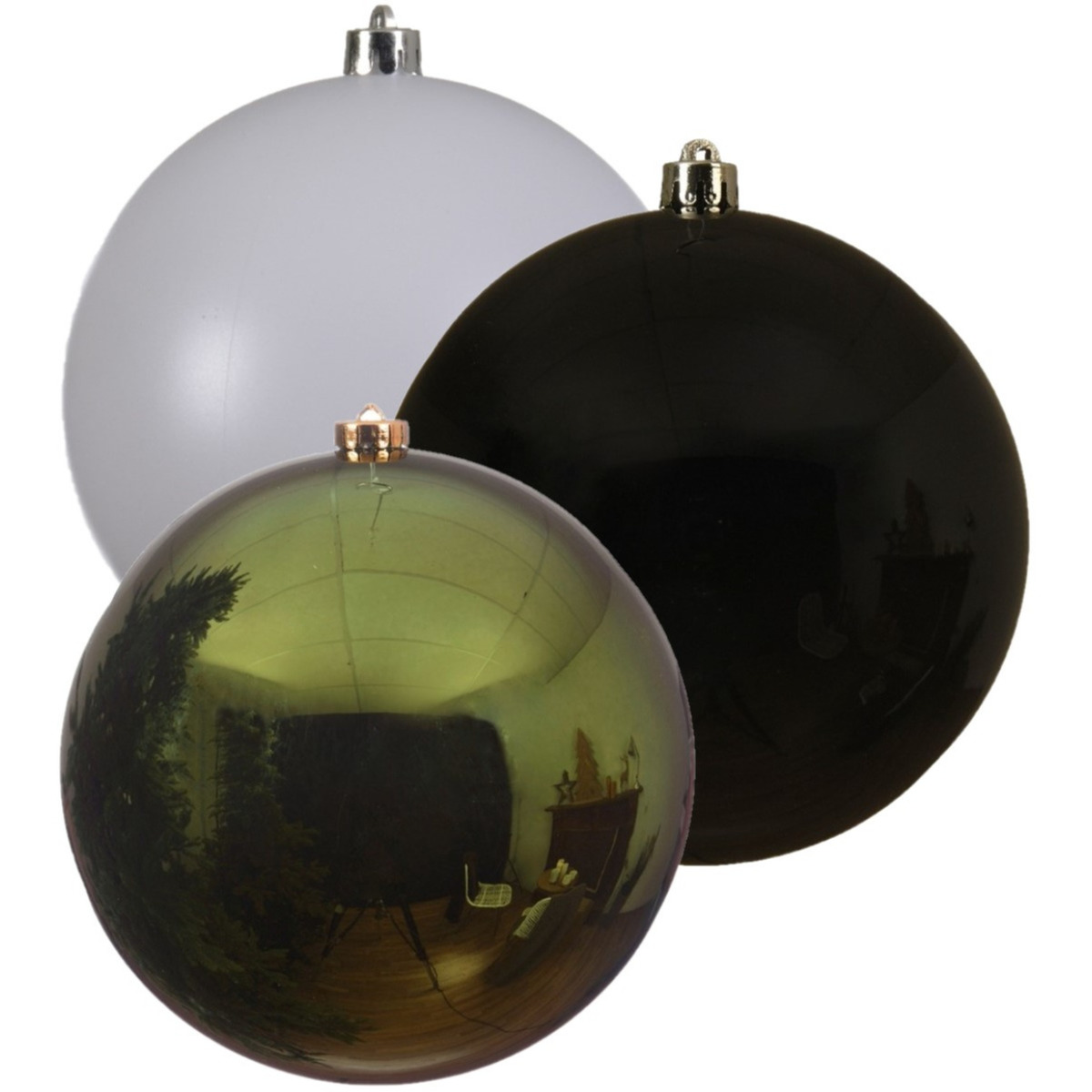 Kerstversieringen set van 6x grote kunststof kerstballen groen-wit-zwart 14 cm glans - 2x per kleur