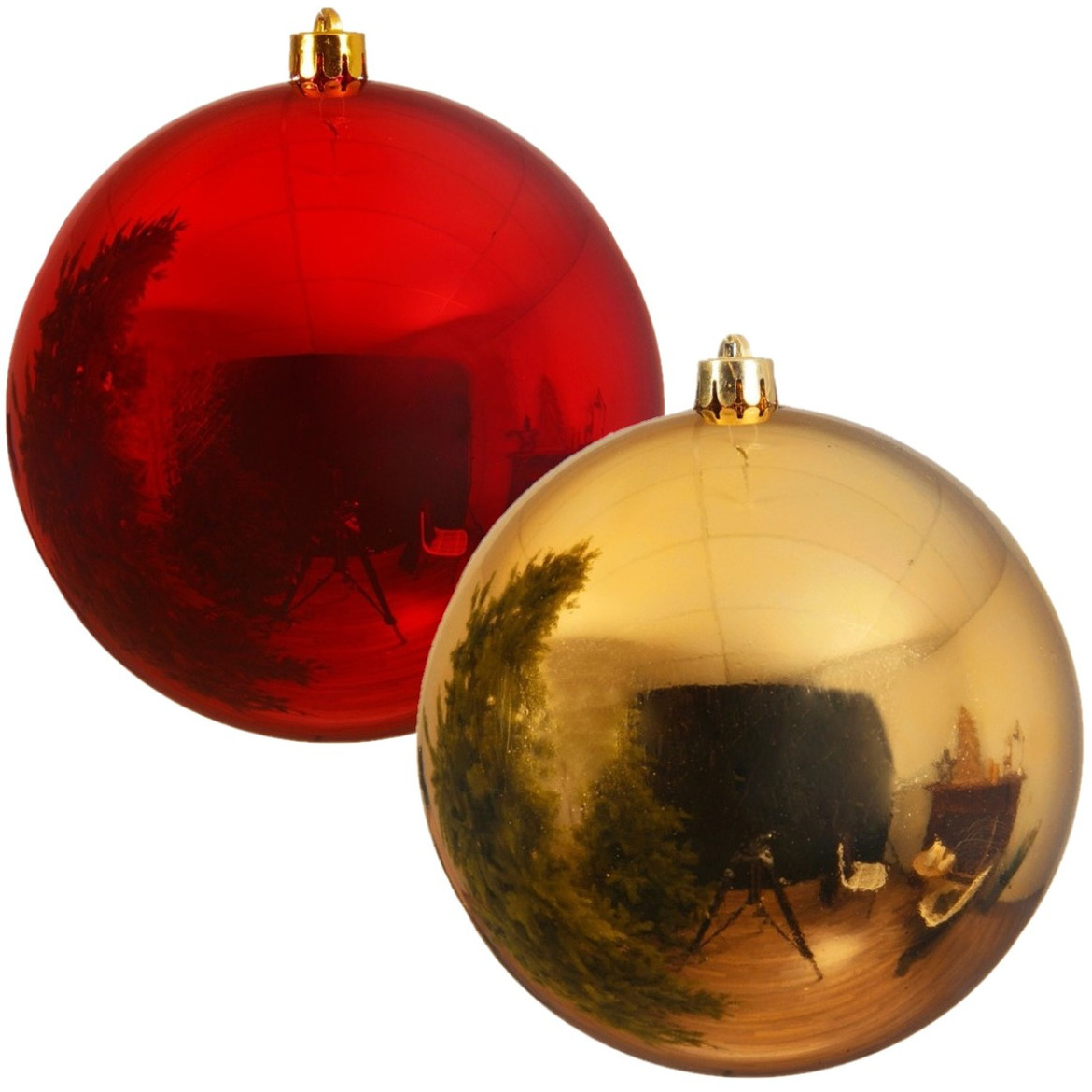 Kerstversieringen set van 6x grote kunststof kerstballen rood en goud 14 cm glans - 3x per kleur
